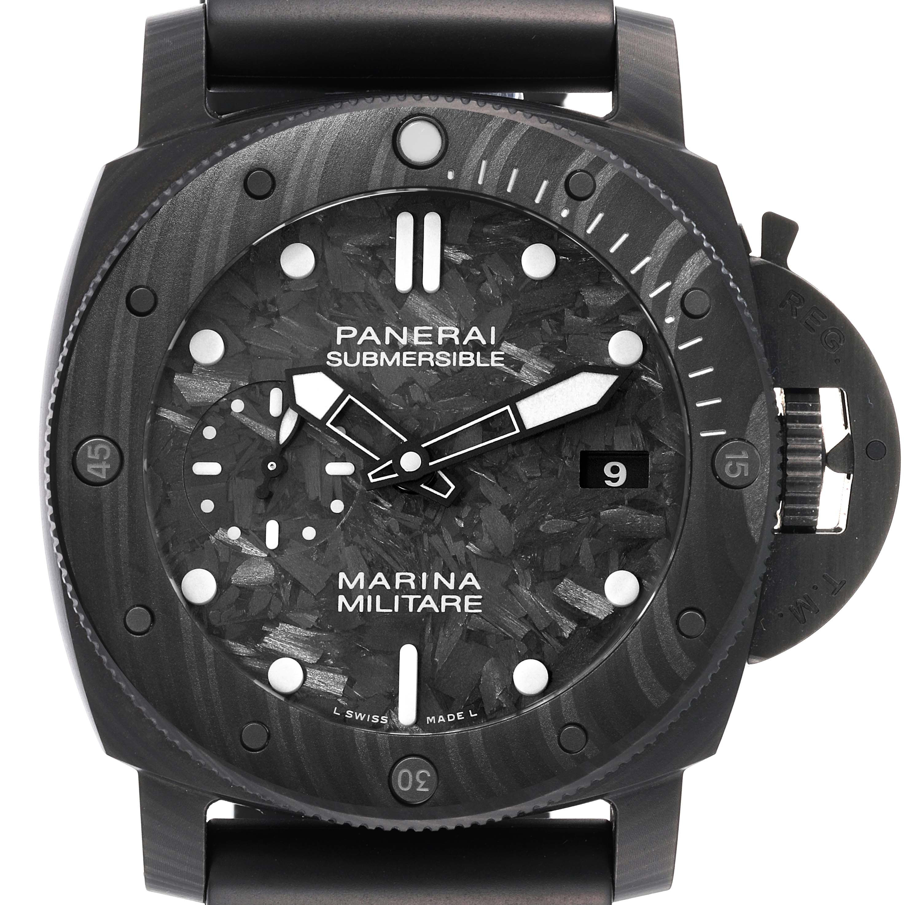 The image shows a front view of a Panerai Submersible PAM00979 Men's Ceramic Grey Dial PAM00979 Men's Ceramic Grey Dial watch, highlighting the dial, hands, date display, and bezel.