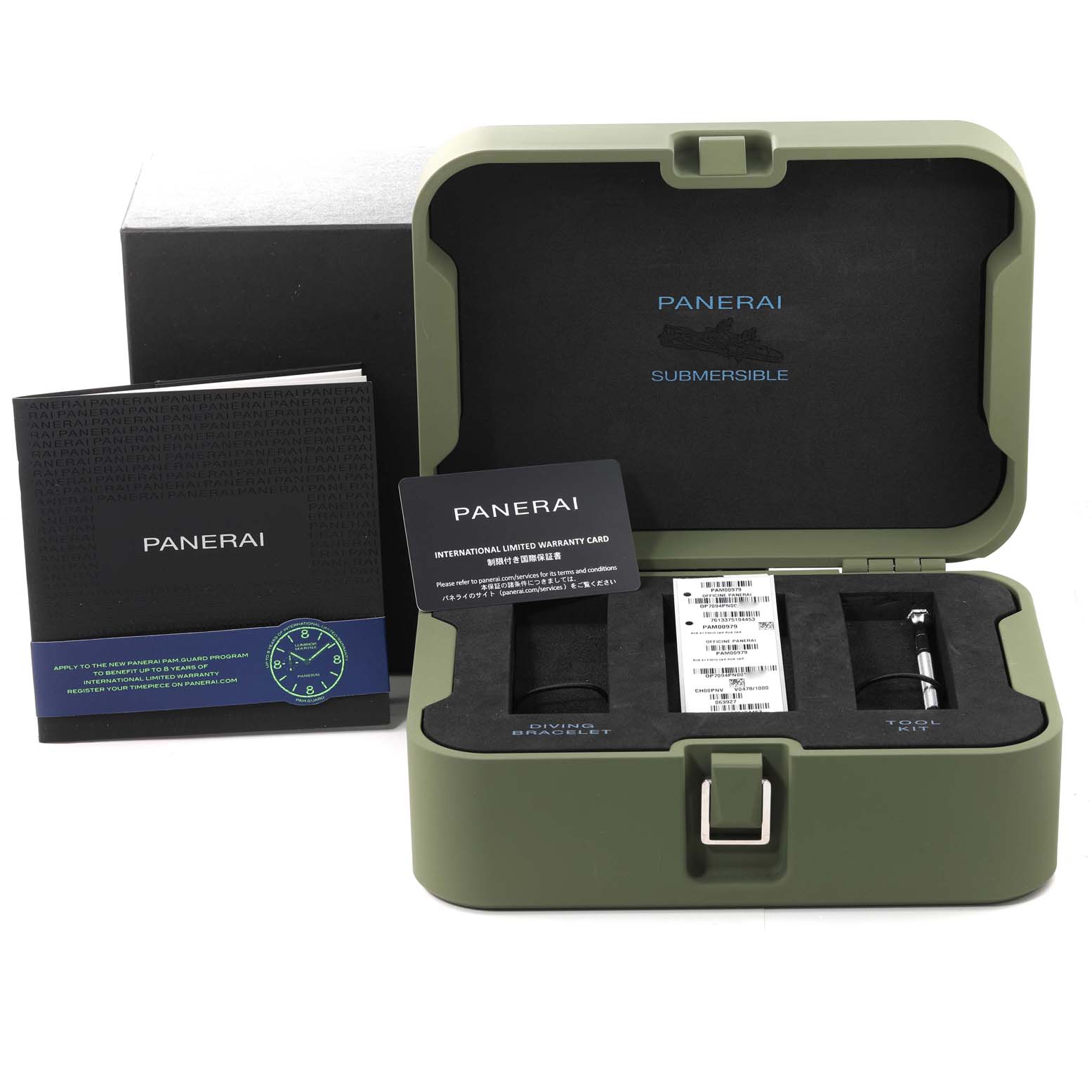 The image shows an open box of a Panerai Submersible PAM00979 Men's Ceramic Grey Dial PAM00979 Men's Ceramic Grey Dial watch with accessories, manuals, and a warranty card displayed from the front.