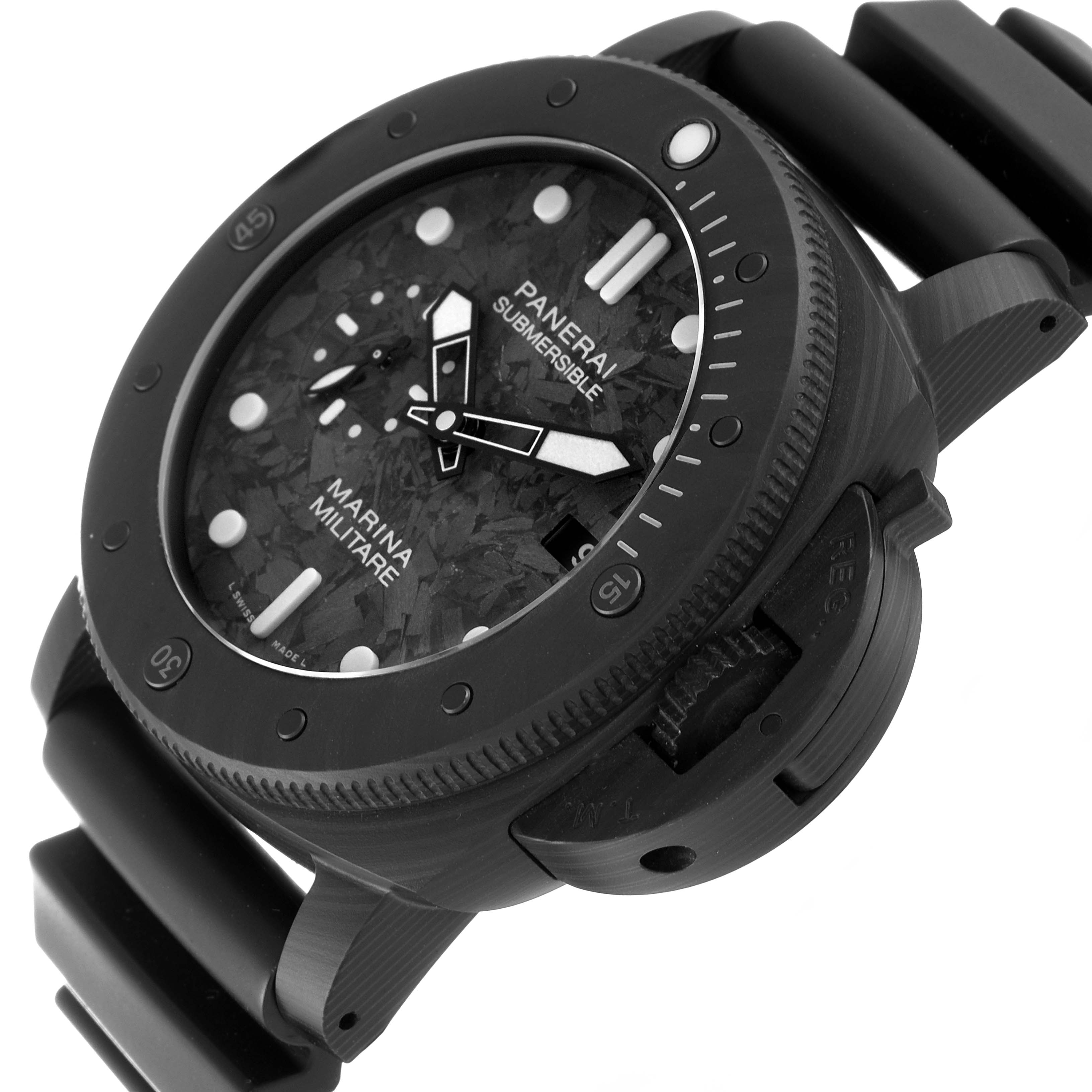 The image shows a close-up view of the Panerai Submersible PAM00979 Men's Ceramic Grey Dial PAM00979 Men's Ceramic Grey Dial watch dial, bezel, and part of its strap at a slight angle.