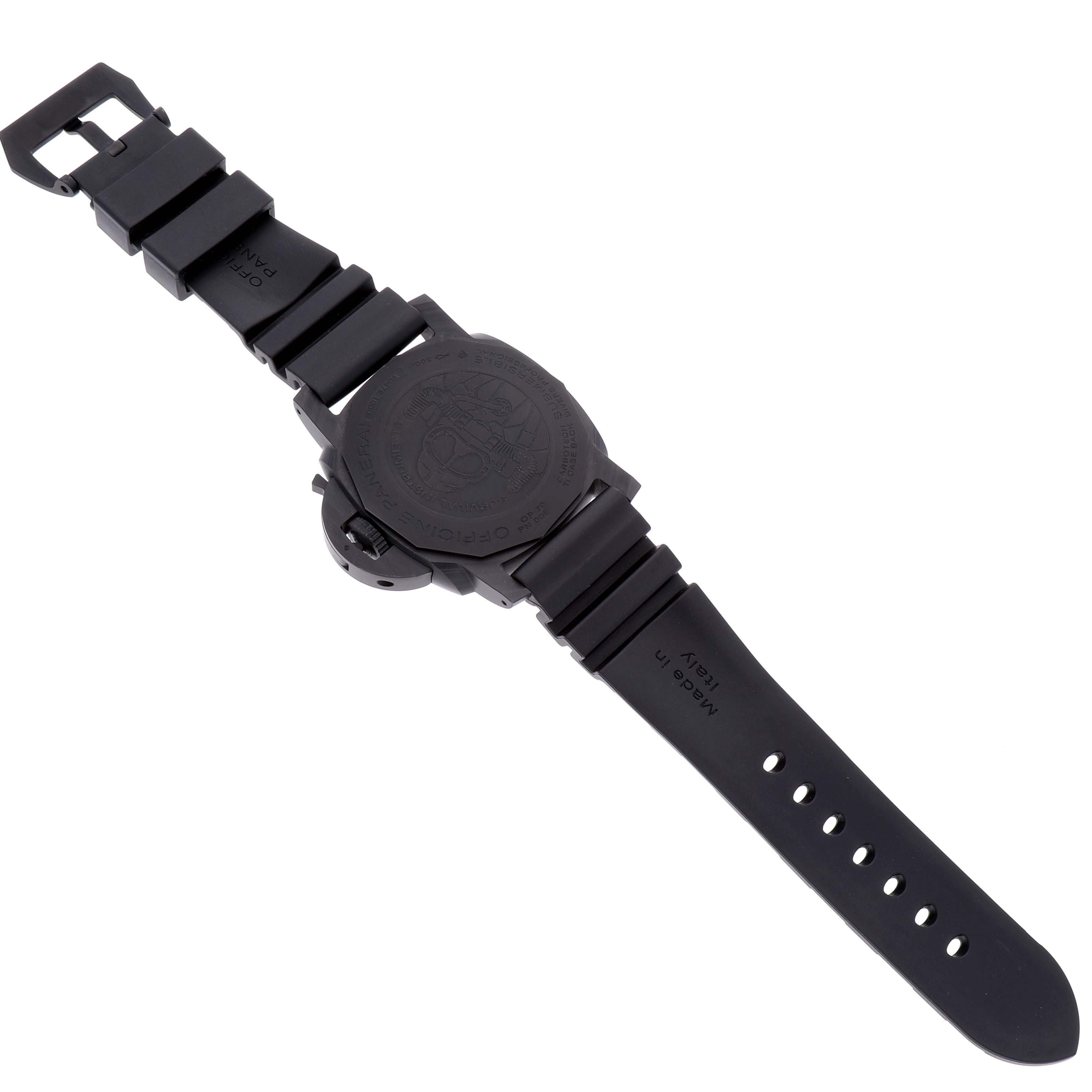 The image shows the back of a Panerai Submersible PAM00979 Men's Ceramic Grey Dial PAM00979 Men's Ceramic Grey Dial watch, including the case back and straps.