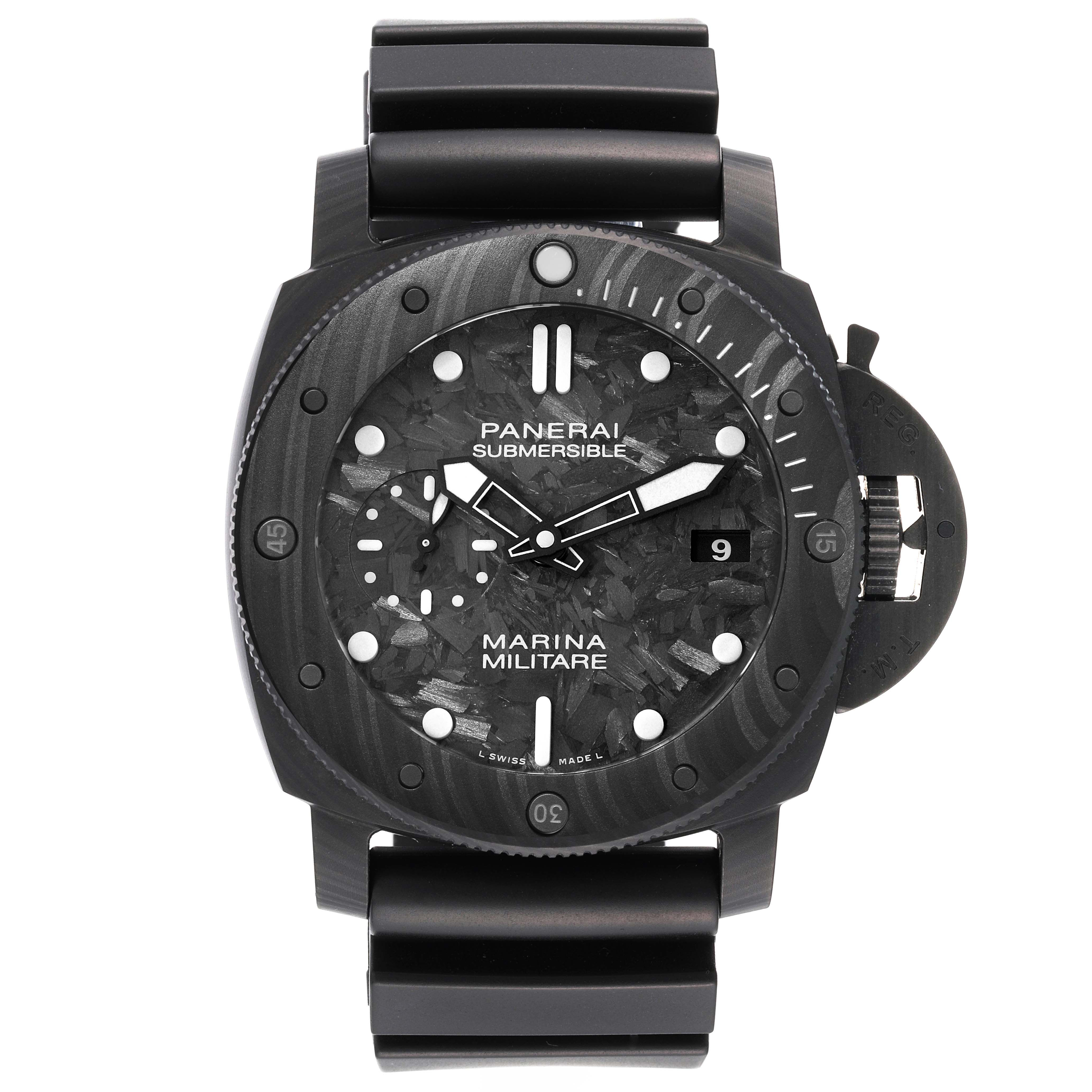 The image shows a Panerai Submersible PAM00979 Men's Ceramic Grey Dial PAM00979 Men's Ceramic Grey Dial watch from the front, highlighting the dial, hands, bezel, and date window.