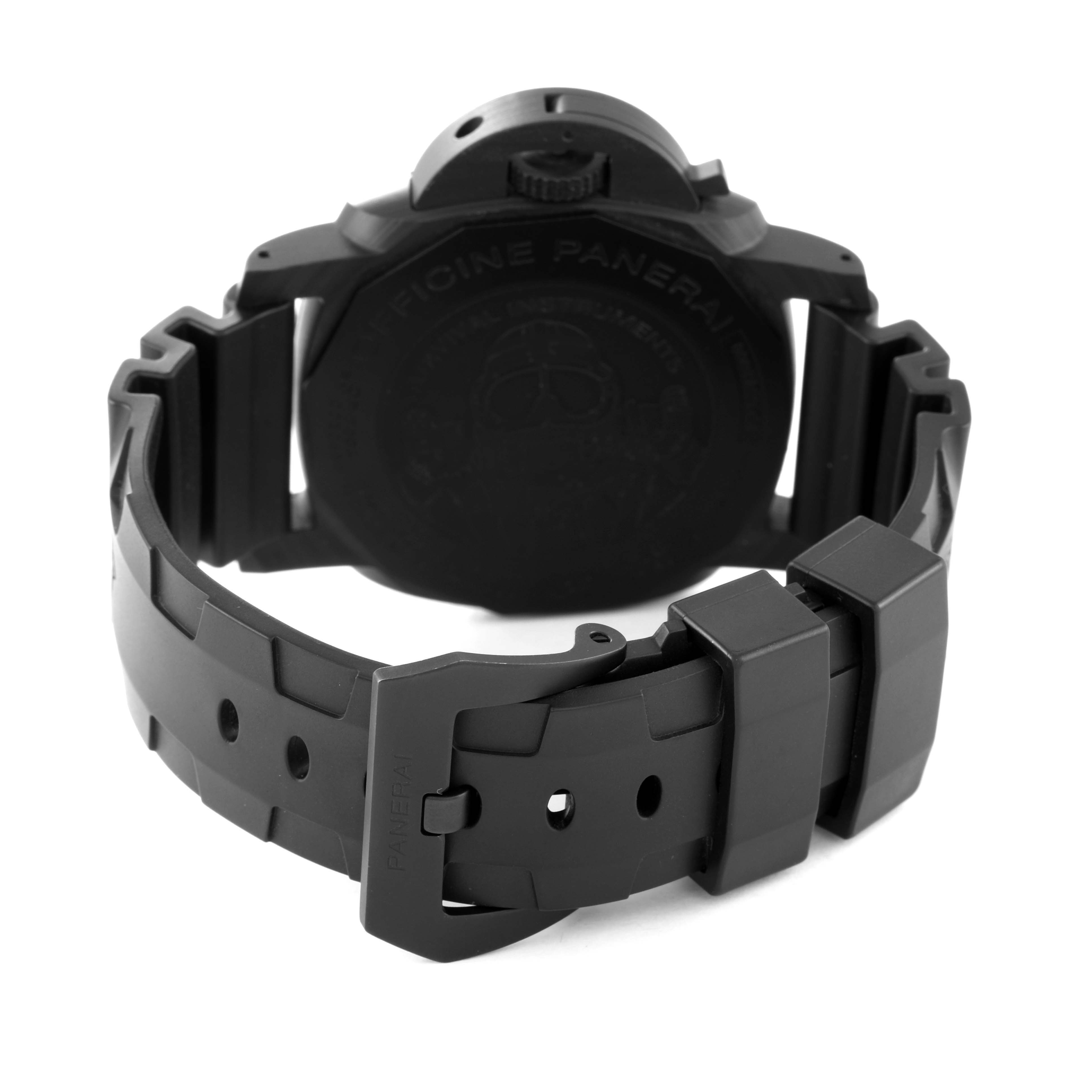 This image shows the back case and clasp of the Panerai Submersible PAM00979 Men's Ceramic Grey Dial PAM00979 Men's Ceramic Grey Dial watch with its rubber strap.