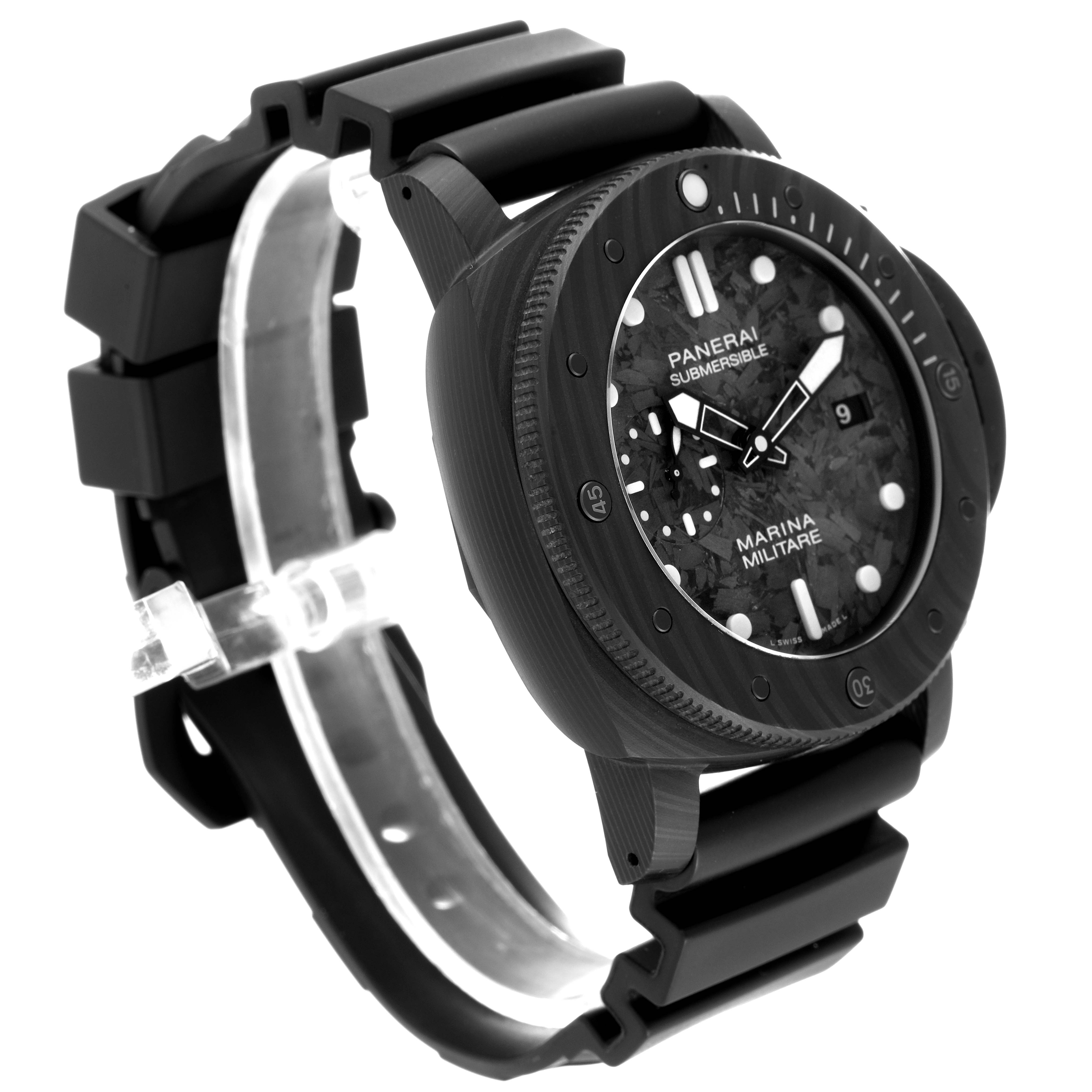 The image shows a side angle of the Panerai Submersible PAM00979 Men's Ceramic Grey Dial PAM00979 Men's Ceramic Grey Dial model, highlighting the dial, bezel, and strap.