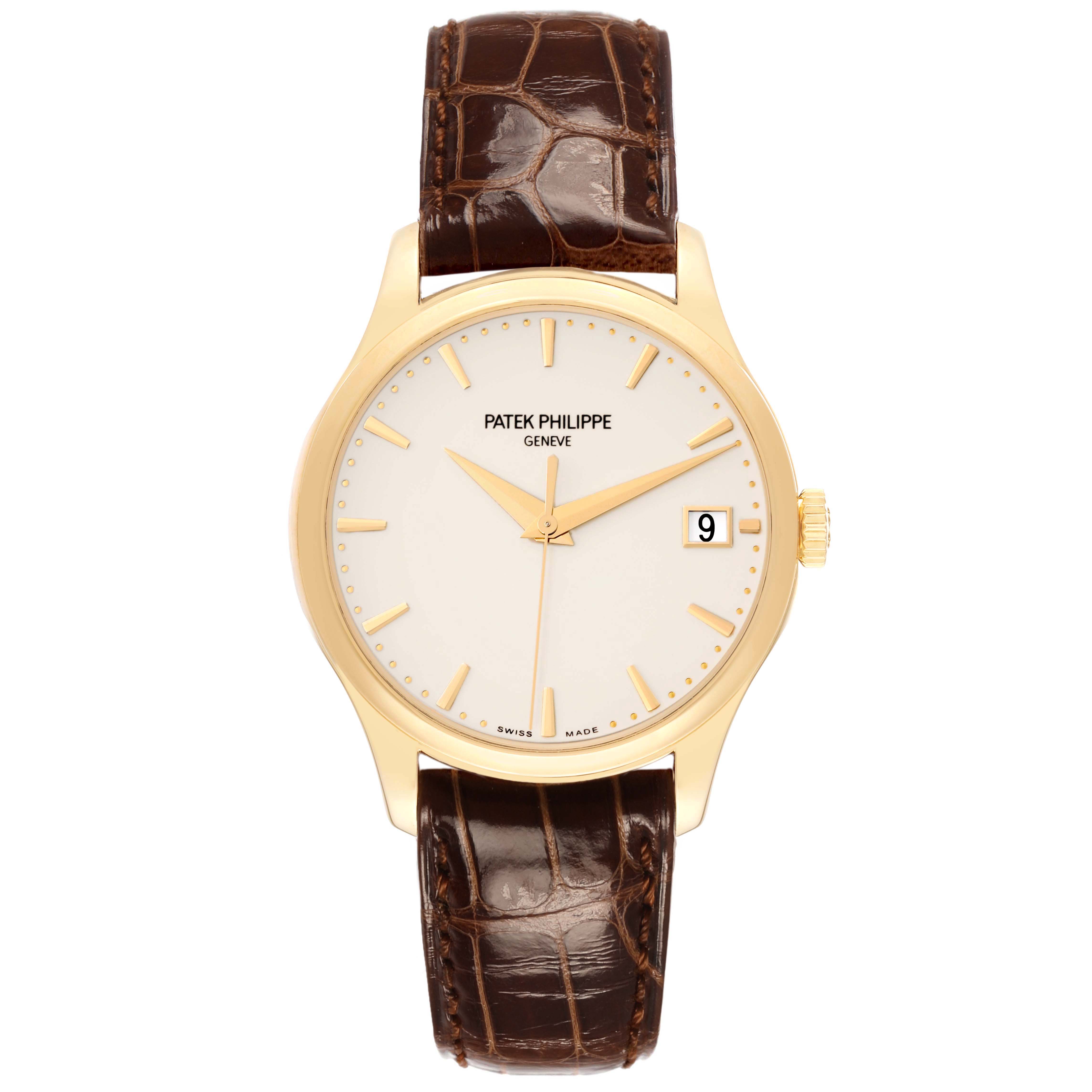 The Patek Philippe Calatrava 5227J Men's Yellow Gold White Dial watch is shown from the front, displaying the dial, case, crown, and leather strap.