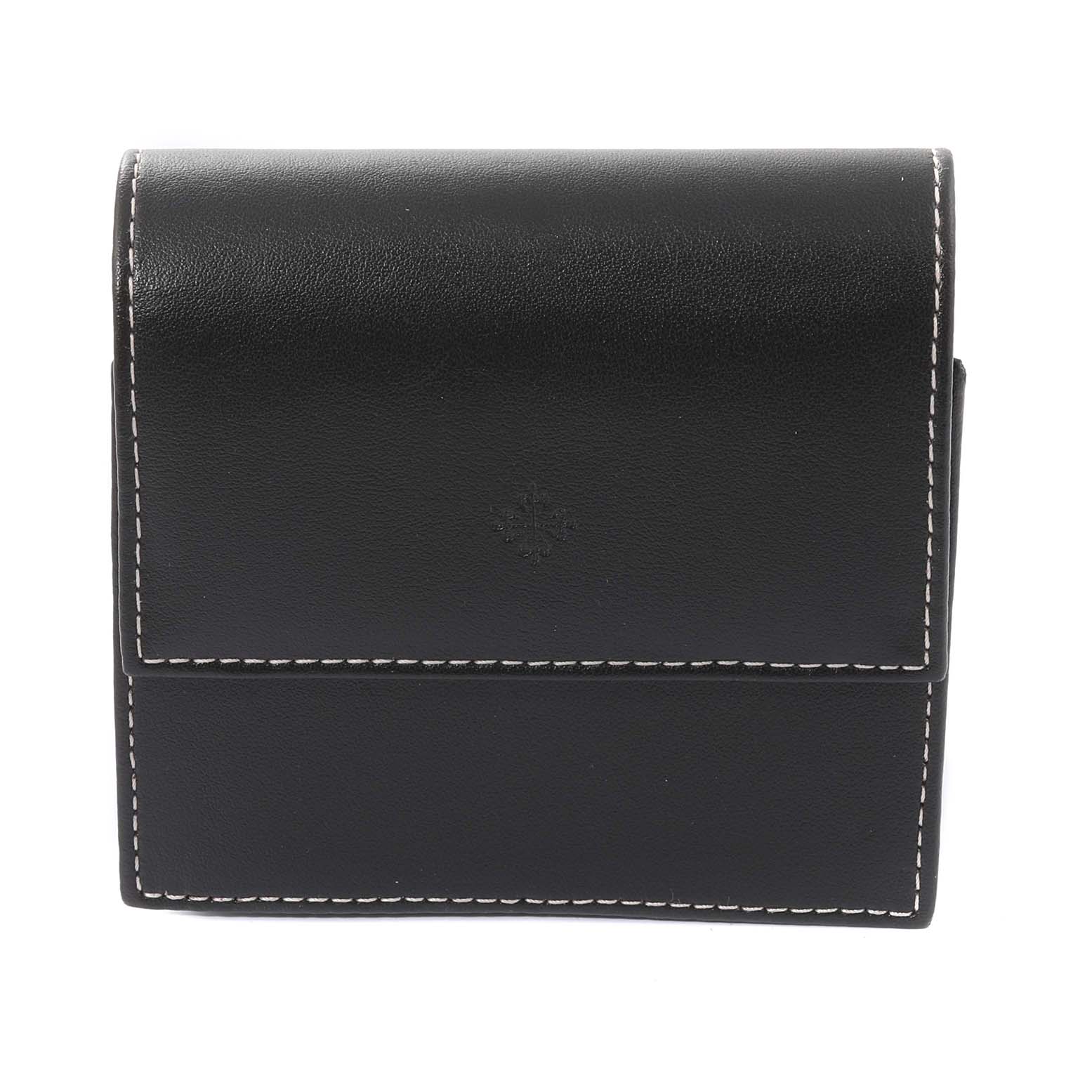 The image shows a black leather case or pouch, likely an accessory for the Calatrava model by Patek Philippe, viewed from the front.