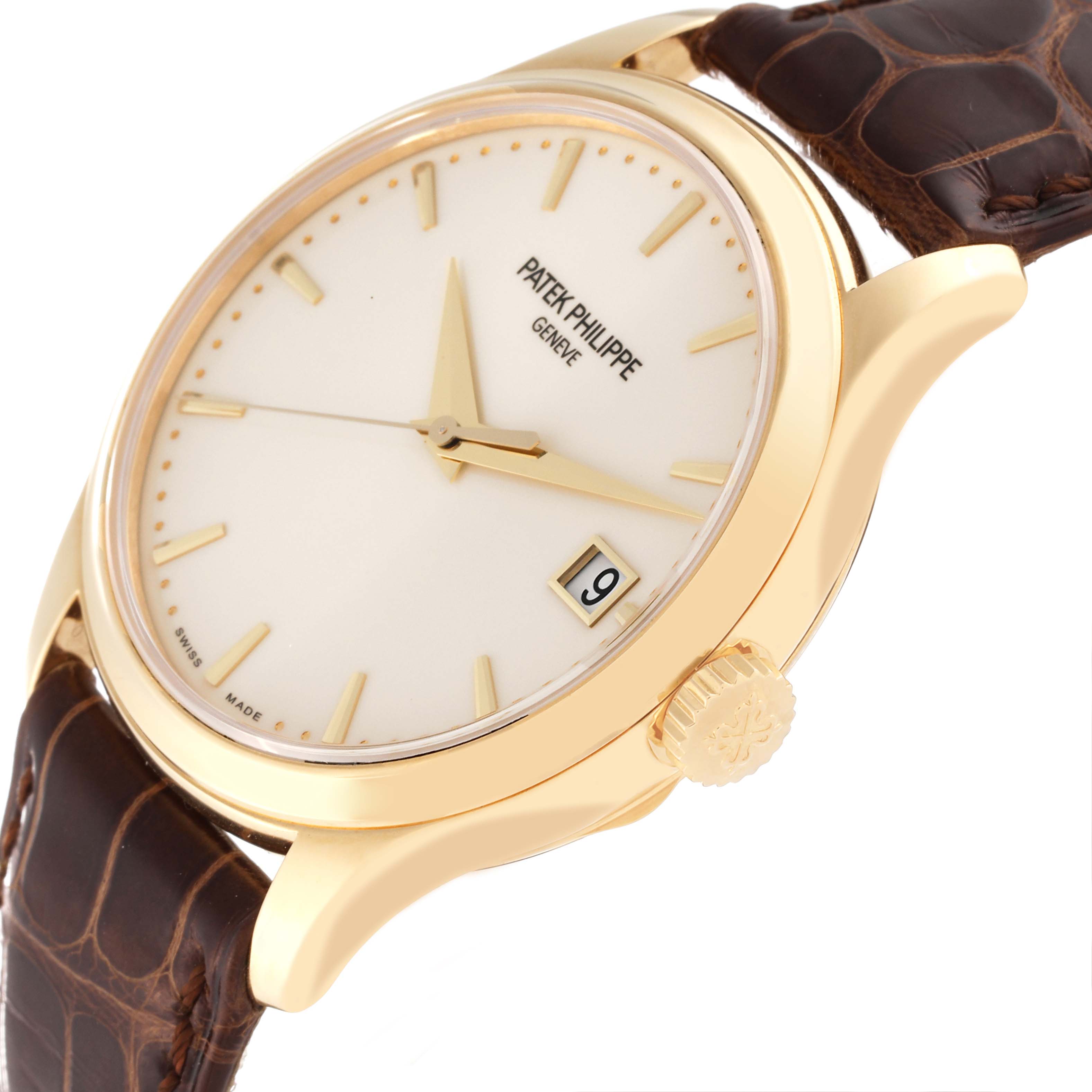 The image shows a close-up side angle of the Patek Philippe Calatrava 5227J Men's Yellow Gold White Dial 5227J Men's Yellow Gold White Dial watch, highlighting its dial, crown, and leather strap.