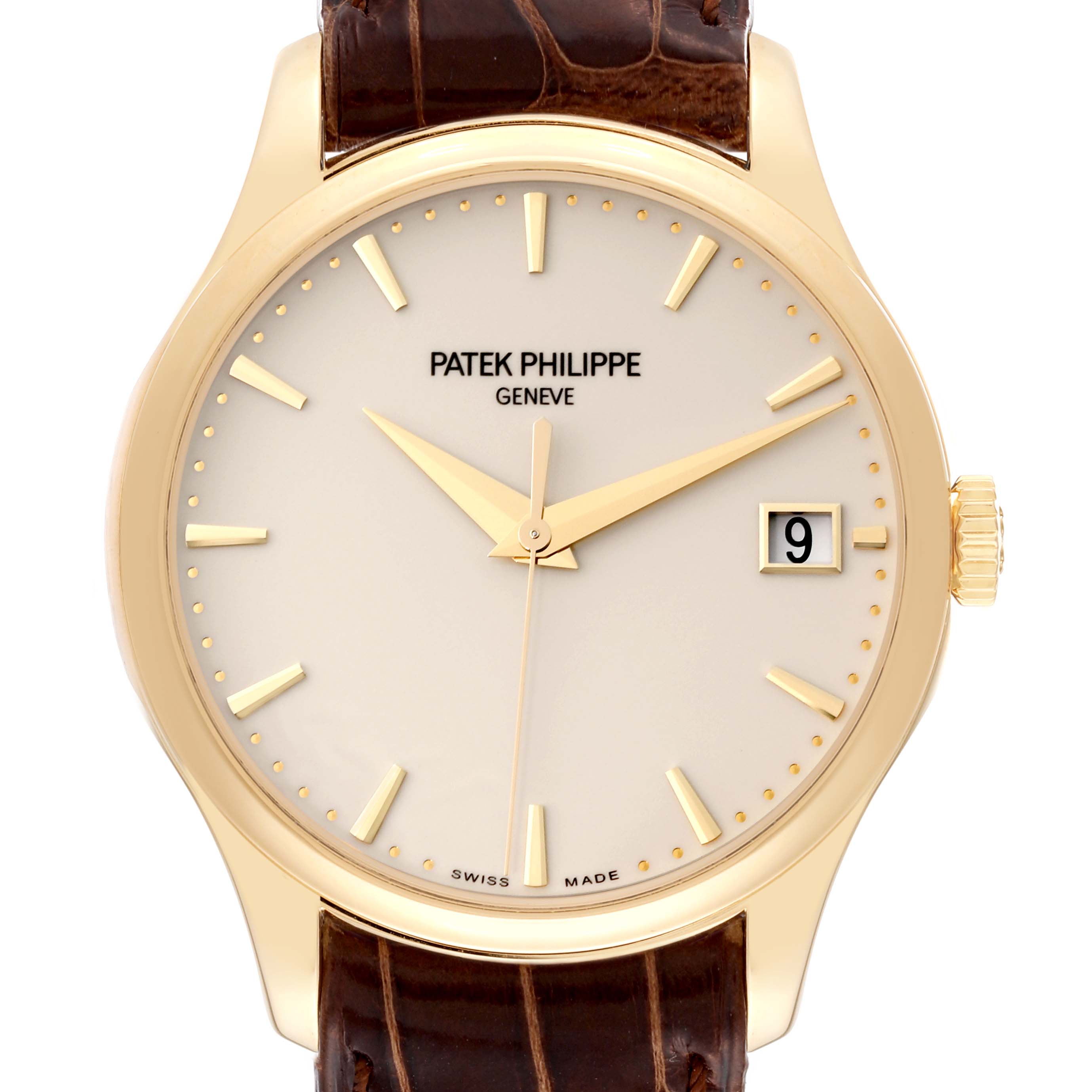 This image shows a front view of the Patek Philippe Calatrava 5227J Men's Yellow Gold White Dial 5227J Men's Yellow Gold White Dial watch, highlighting its dial, hour markers, and date window.