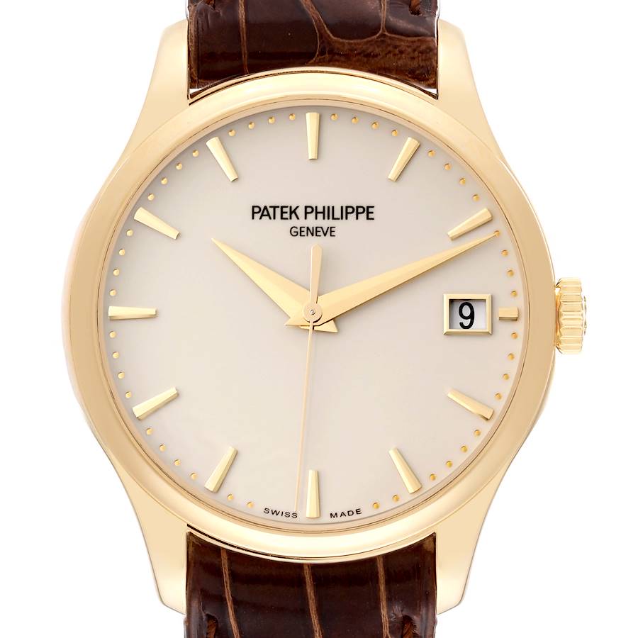 This image shows a front view of the Patek Philippe Calatrava watch, highlighting its dial, hour markers, and date window.