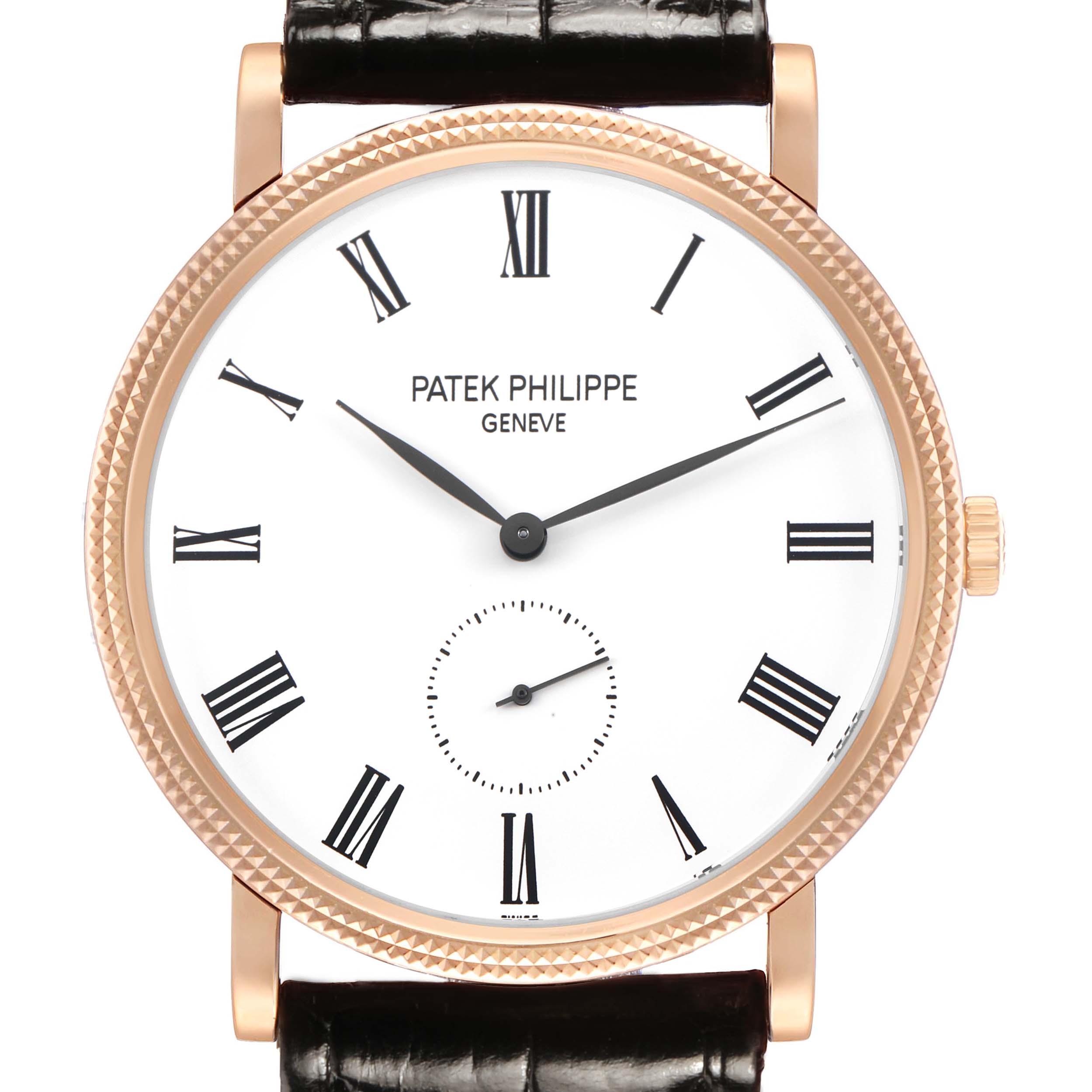 The Patek Philippe Calatrava 5119 5119R Men's Rose Gold White Dial watch is shown from the front, highlighting the dial, hands, bezel, and part of the strap.