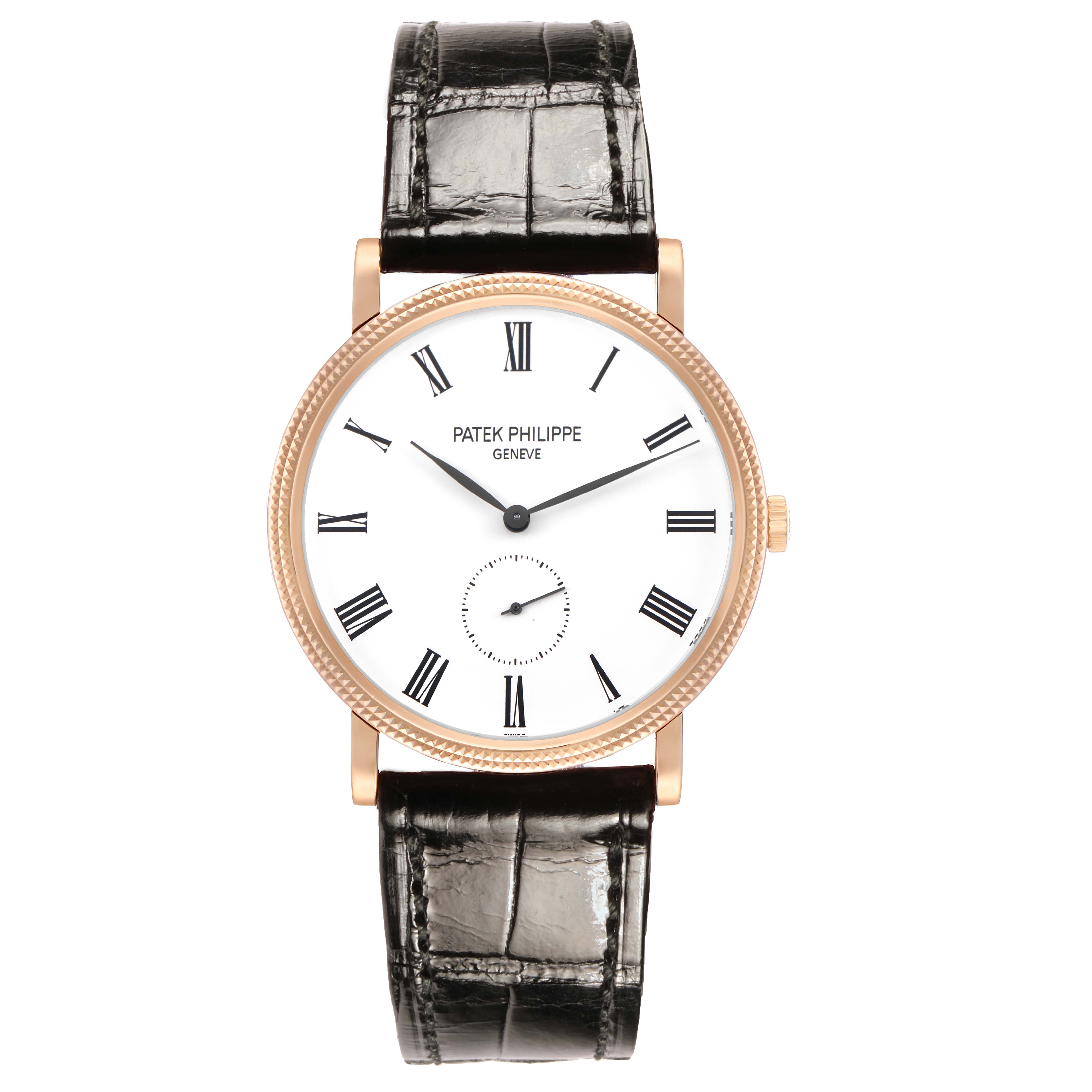The Patek Philippe Calatrava 5119 5119R Men's Rose Gold White Dial watch is shown from a front angle, displaying its round dial, Roman numerals, and leather strap.