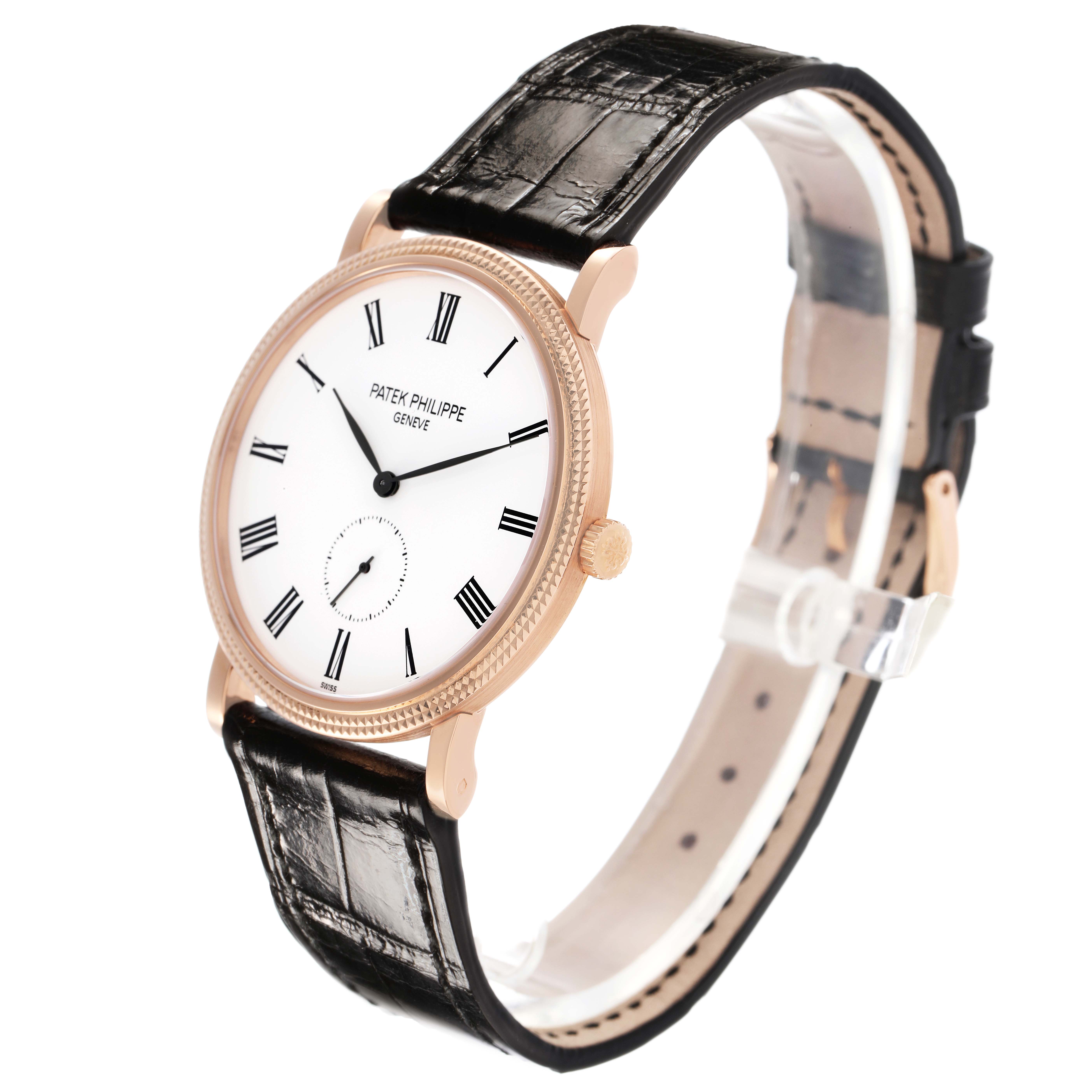 The Patek Philippe Calatrava 5119 5119R Men's Rose Gold White Dial watch is shown at a three-quarter angle, highlighting the face, bezel, crown, and leather strap.
