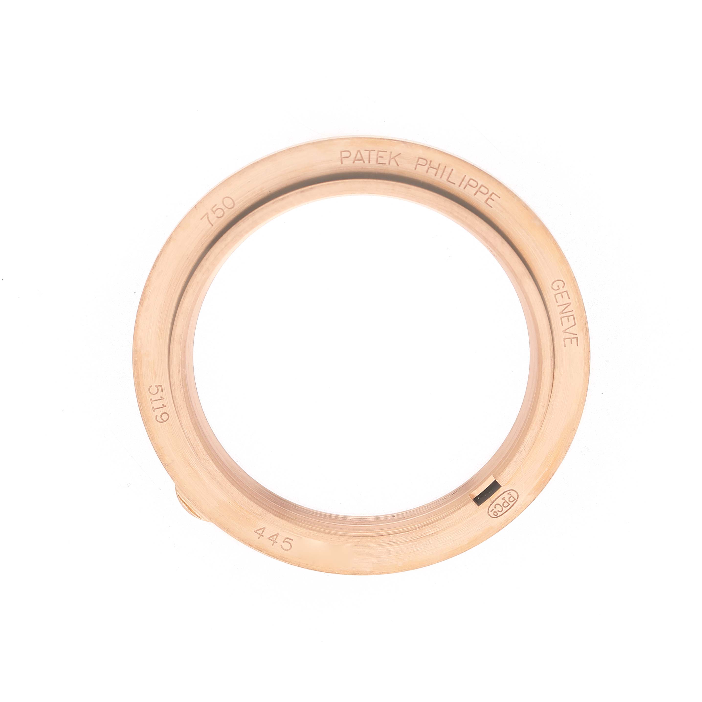 The image shows a top-down view of the bezel for a Patek Philippe Calatrava 5119 5119R Men's Rose Gold White Dial 5119 model.