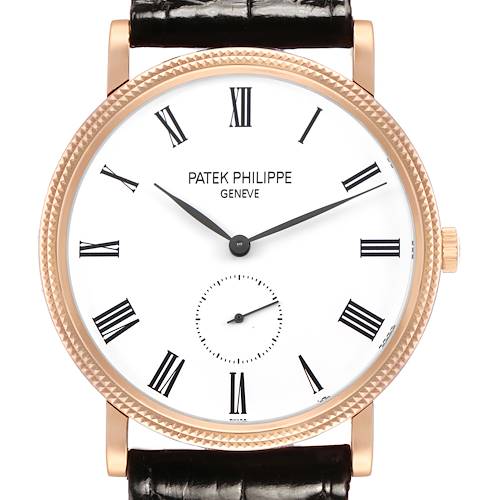 The Patek Philippe Calatrava 5119 5119R Men's Rose Gold White Dial watch is shown from the front, displaying the dial, hands, and crown with a textured bezel.