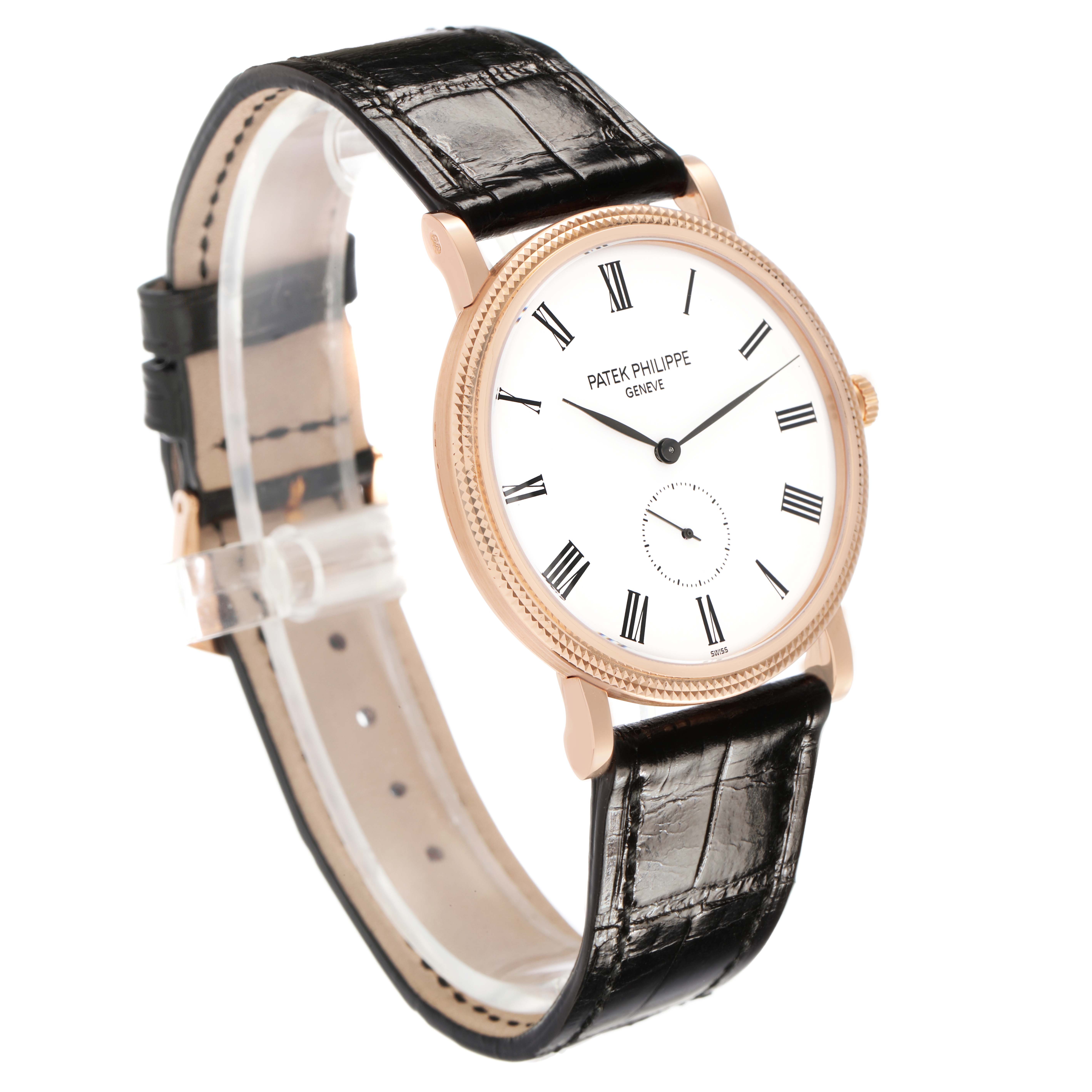 The Patek Philippe Calatrava 5119 5119R Men's Rose Gold White Dial watch is shown at a slight angle, highlighting the dial, case, and leather strap.
