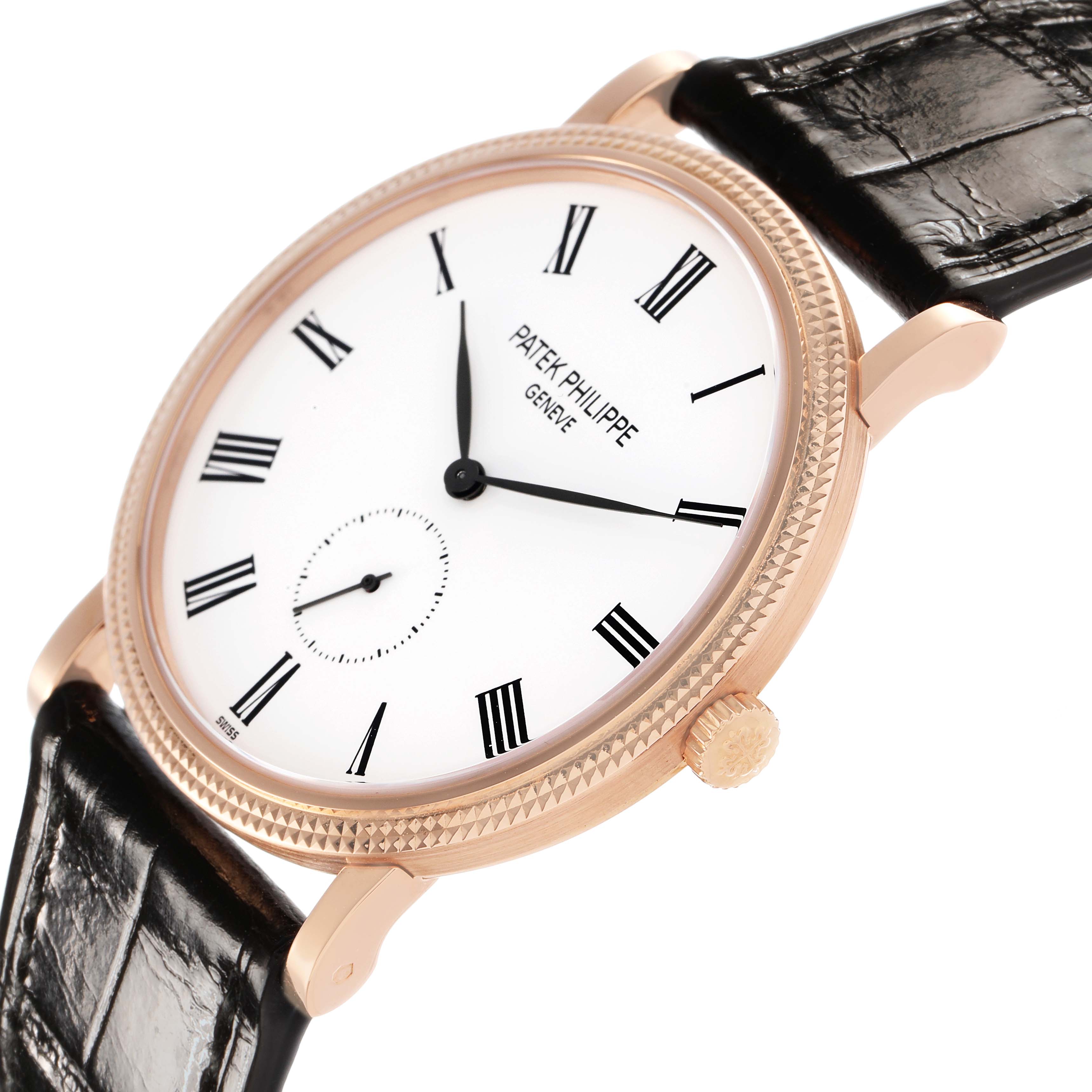 The Patek Philippe Calatrava 5119 5119R Men's Rose Gold White Dial watch is shown at an angle highlighting the bezel, crown, dial, and leather strap.