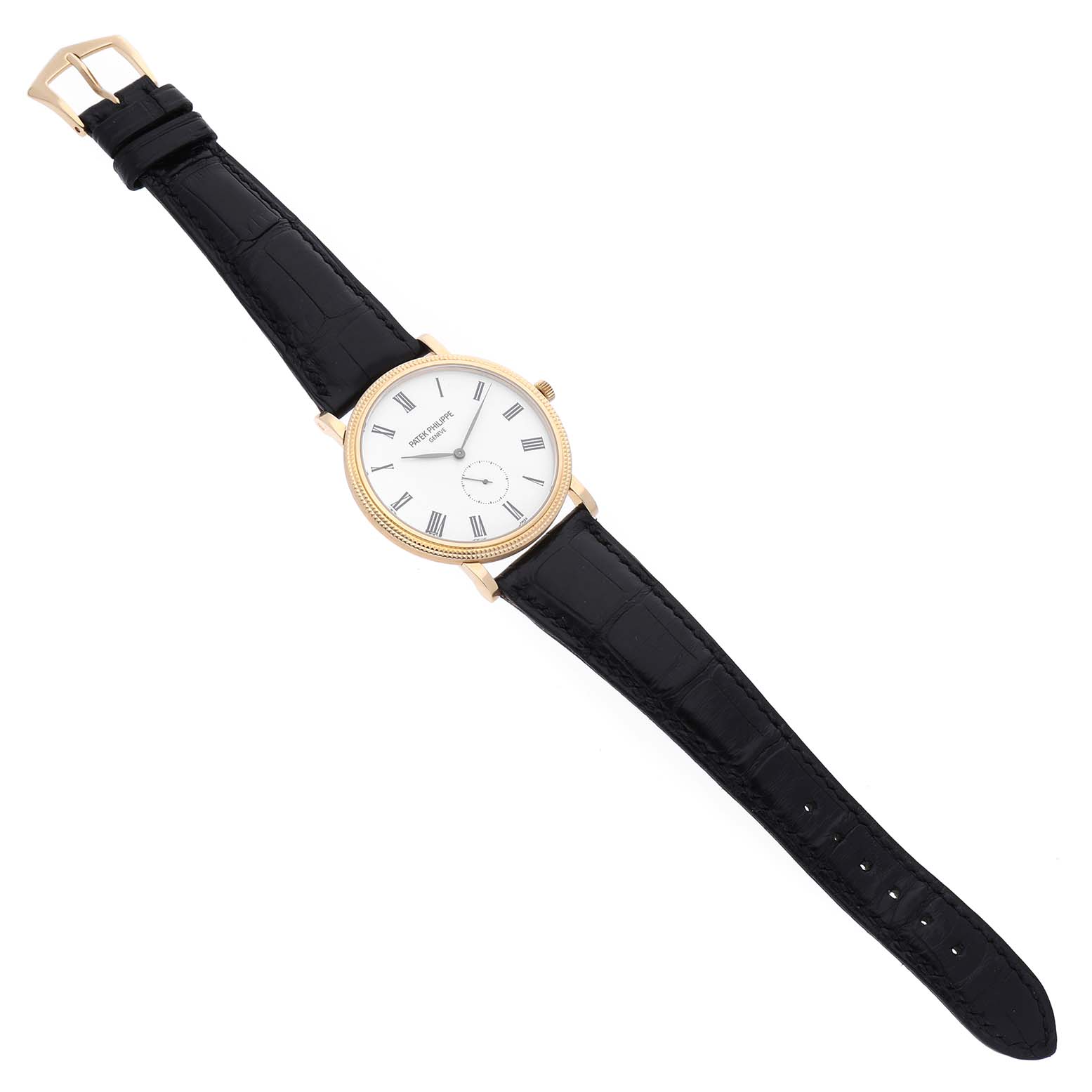 The Patek Philippe Calatrava 5119J Men's Yellow Gold White Dial 5119J Men's Yellow Gold White Dial watch is shown from a top-down angle, displaying its face, hands, case, crown, and strap.