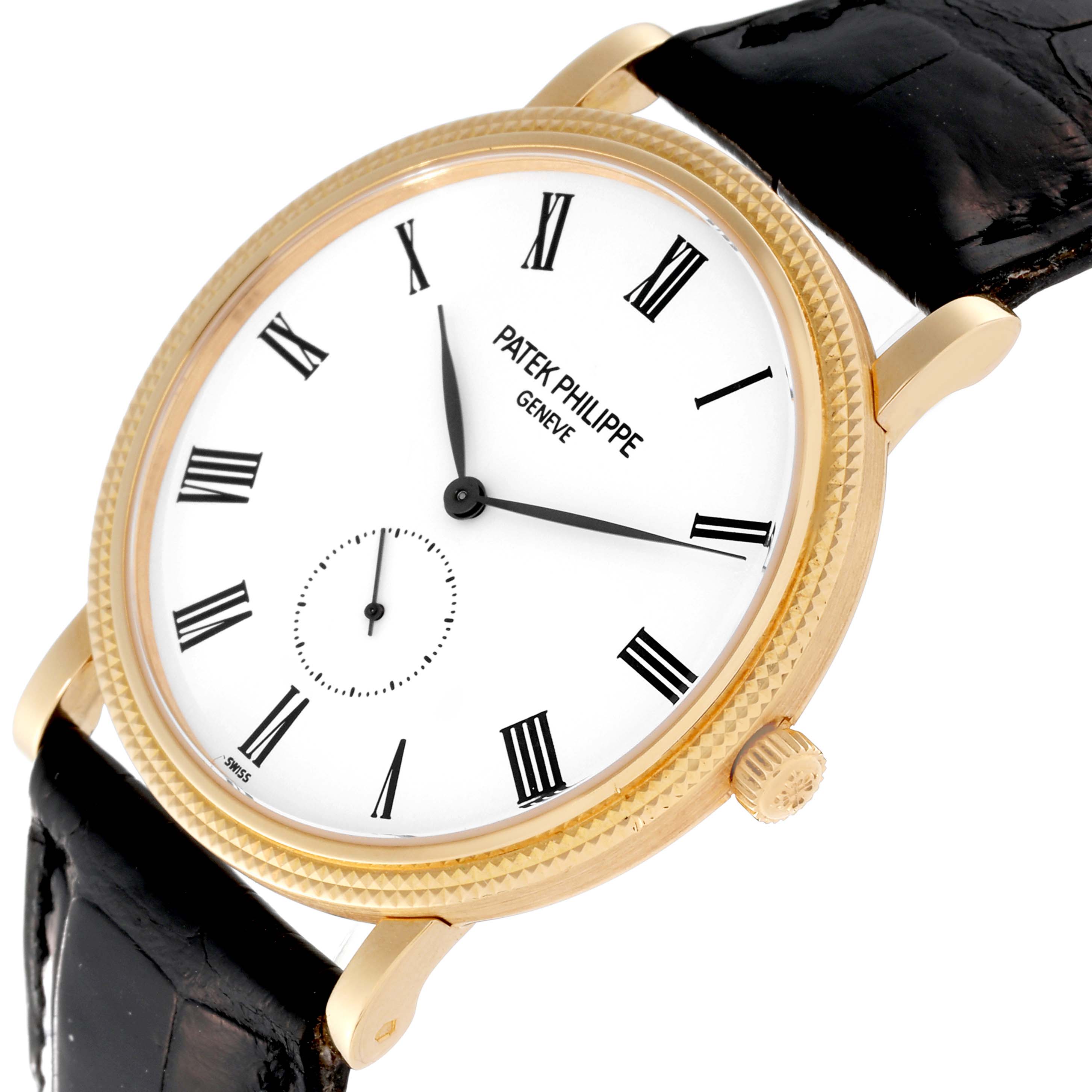 The image shows a Patek Philippe Calatrava 5119J Men's Yellow Gold White Dial 5119J Men's Yellow Gold White Dial watch from a slight side angle, highlighting its face, crown, and leather strap.