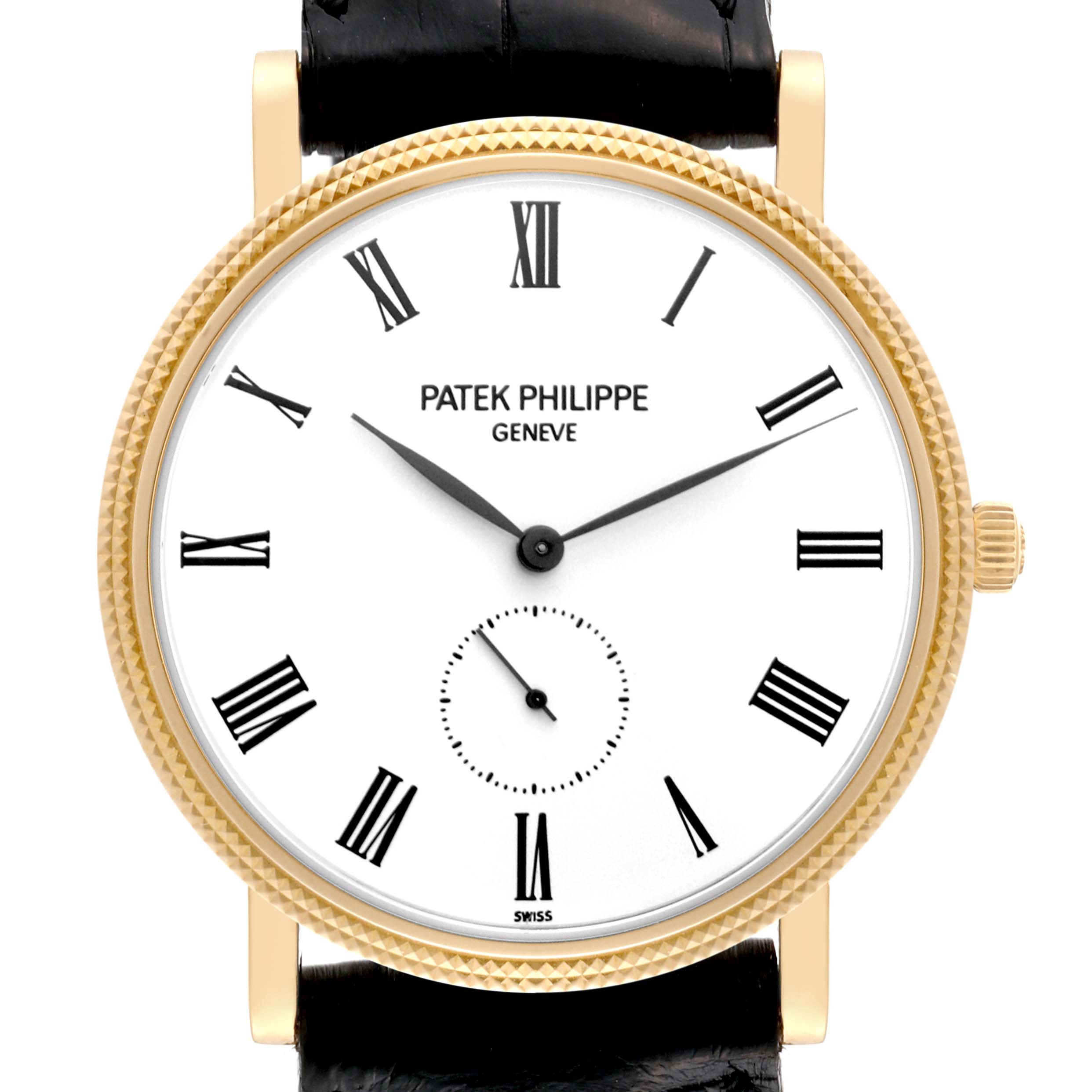 The image shows a Patek Philippe Calatrava 5119J Men's Yellow Gold White Dial 5119J Men's Yellow Gold White Dial watch from a front angle, highlighting its dial, hands, bezel, and part of the strap.