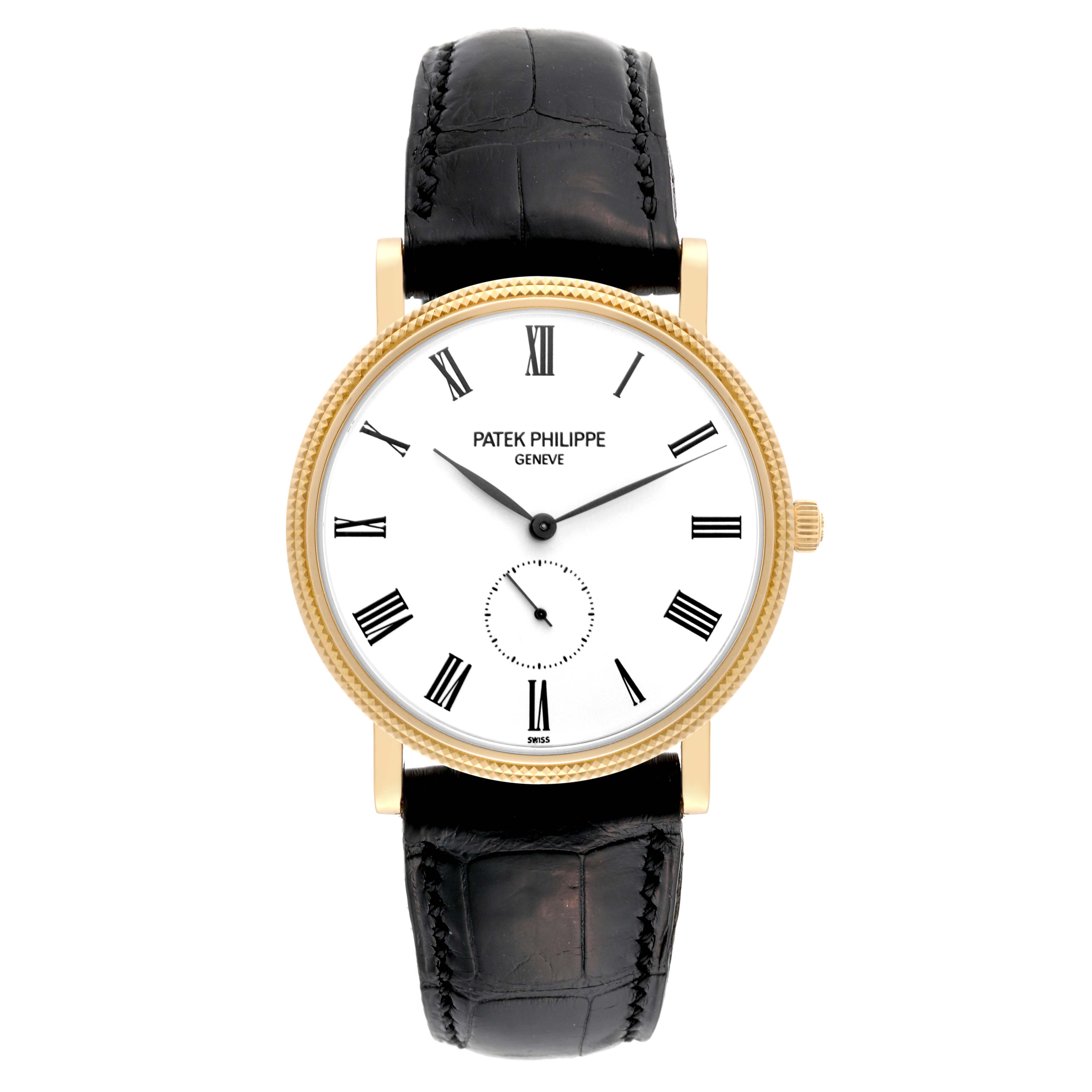 The image shows a front view of the Patek Philippe Calatrava 5119J Men's Yellow Gold White Dial 5119J Men's Yellow Gold White Dial watch, featuring a white dial, Roman numerals, and a black leather strap.