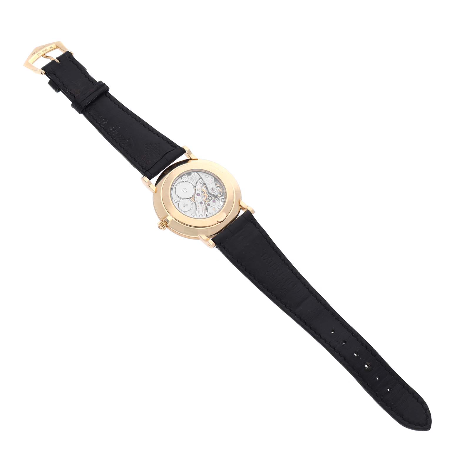 The image shows a Patek Philippe Calatrava 5119J Men's Yellow Gold White Dial 5119J Men's Yellow Gold White Dial watch from a slight top-down angle, highlighting its gold case, movement, and black leather strap.