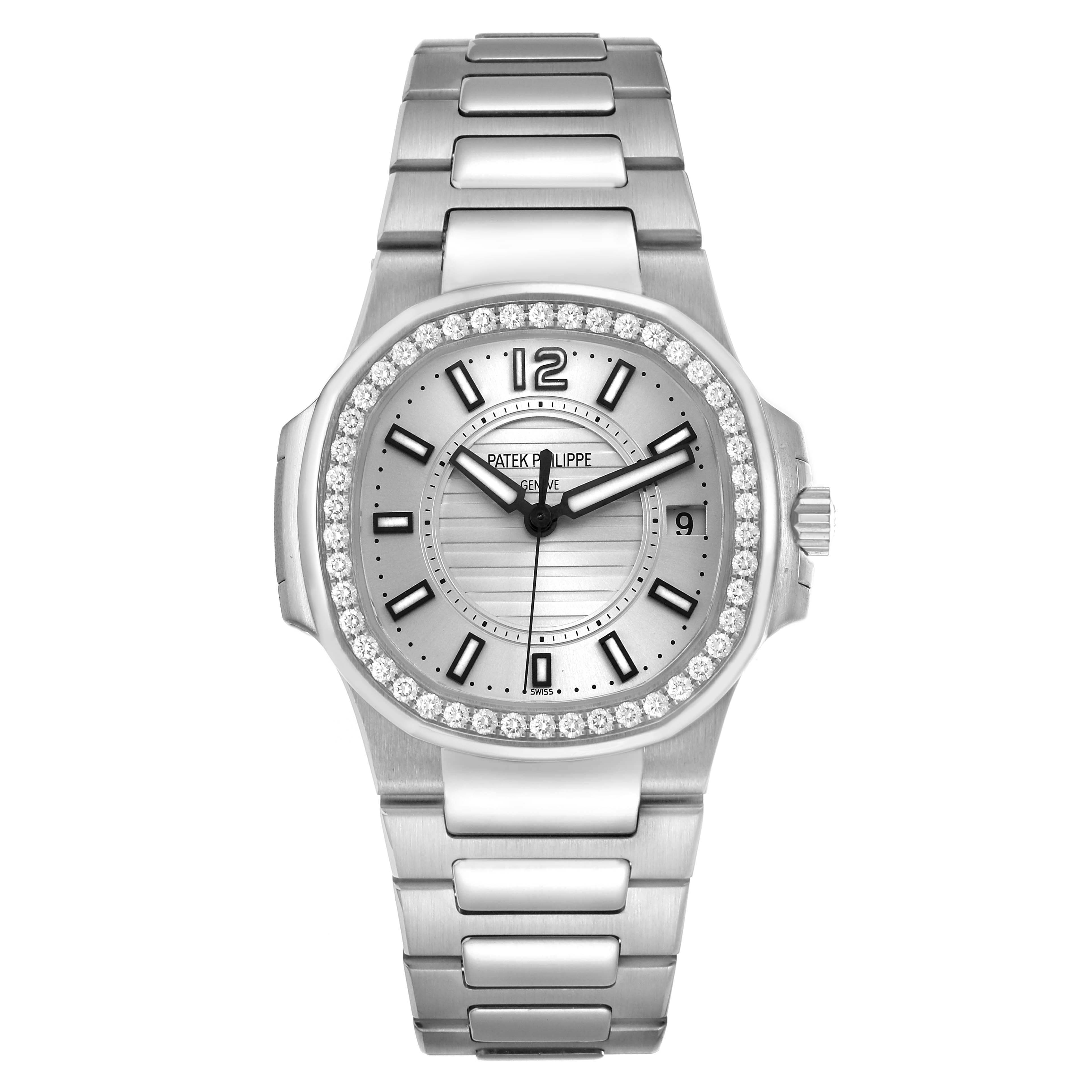 The image shows a Patek Philippe Nautilus 7010 7010G Women's White Gold Silver Dial watch from a front view, highlighting its bracelet, dial, and diamond-set bezel.