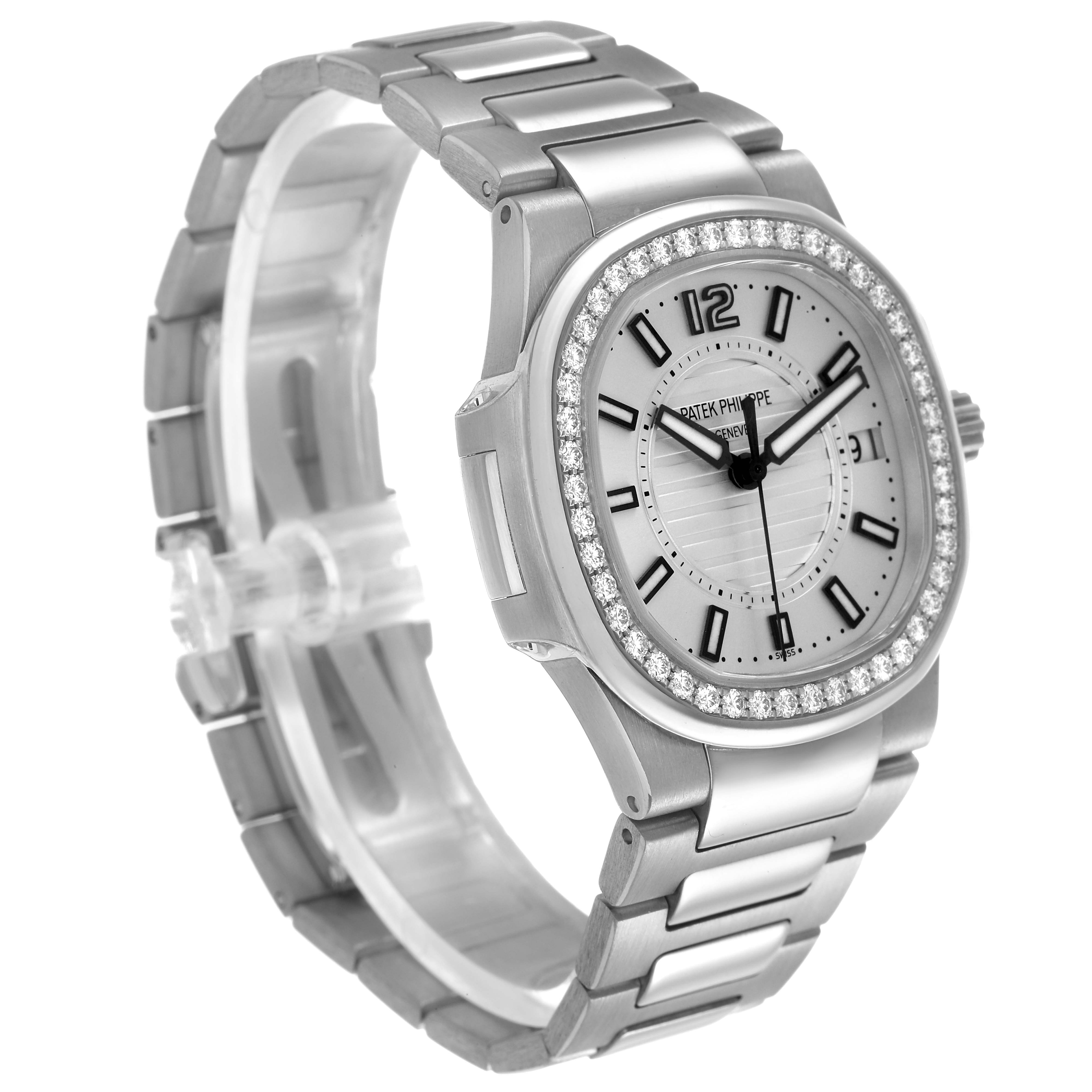 The Patek Philippe Nautilus 7010 7010G Women's White Gold Silver Dial watch is shown at a front angle, highlighting its dial, bezel, crown, and bracelet.