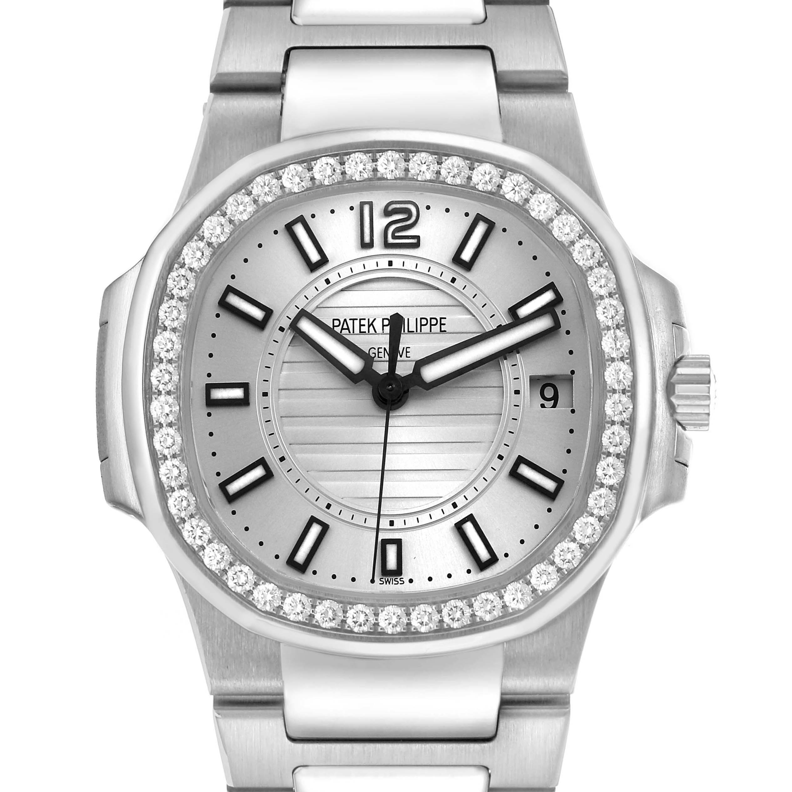 The Patek Philippe Nautilus 7010 7010G Women's White Gold Silver Dial watch is shown from the front, highlighting the face, bezel, and part of the bracelet.