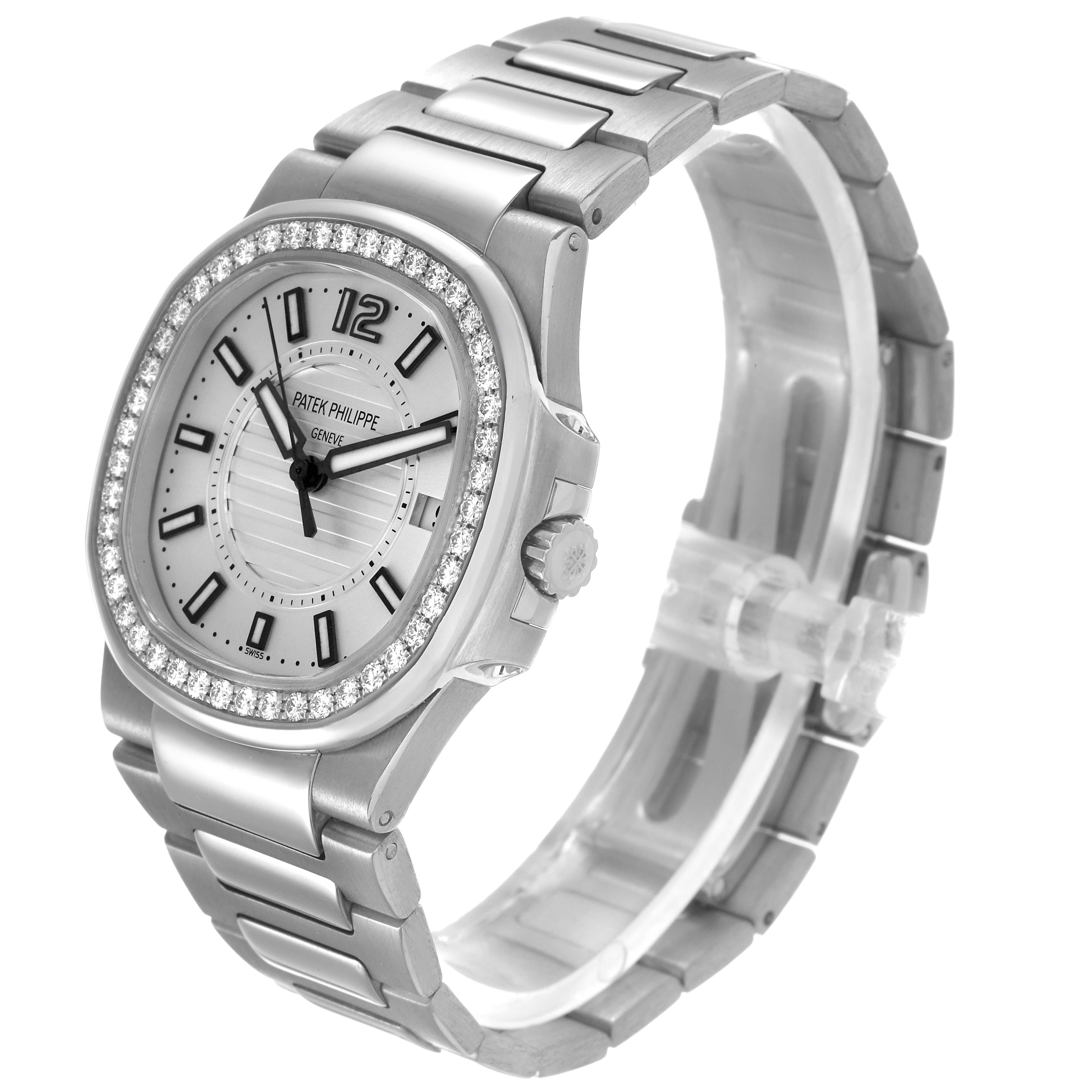 The Patek Philippe Nautilus 7010 7010G Women's White Gold Silver Dial watch is shown at a front-side angle, displaying the case, bezel, dial, bracelet, and crown.
