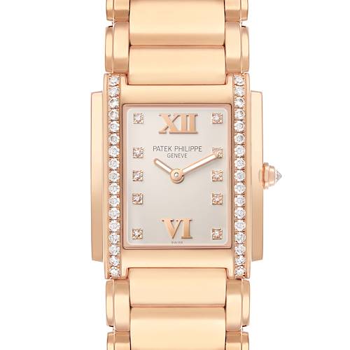 The image shows a front view of a Patek Philippe Twenty-4 4910/11R-011 Women's Rose Gold Silver Dial watch with a diamond-set bezel and rose gold links.