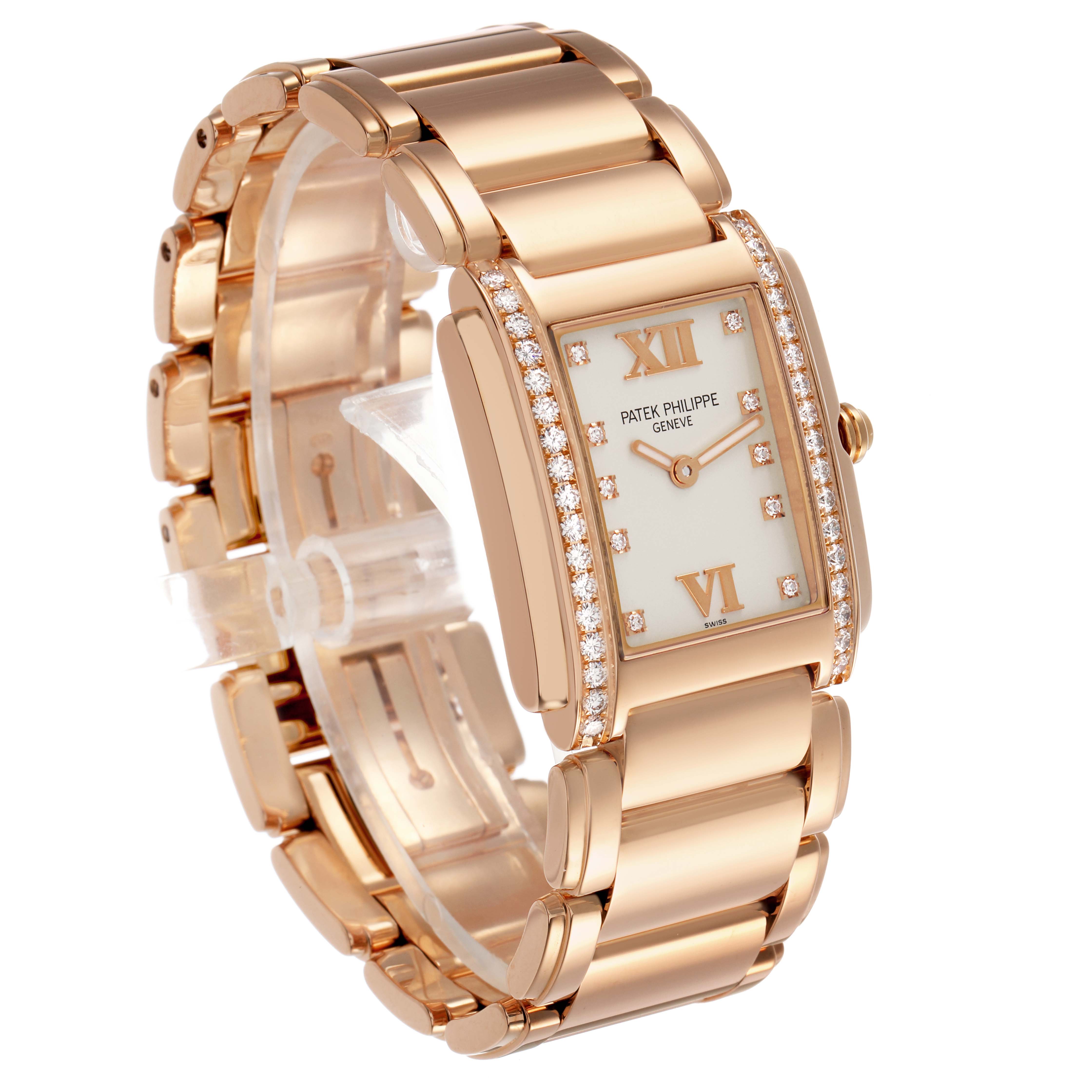 The Patek Philippe Twenty-4 4910/11R-011 Women's Rose Gold Silver Dial watch is shown at a three-quarter angle, highlighting its diamond-set bezel, bracelet, and rectangular dial.