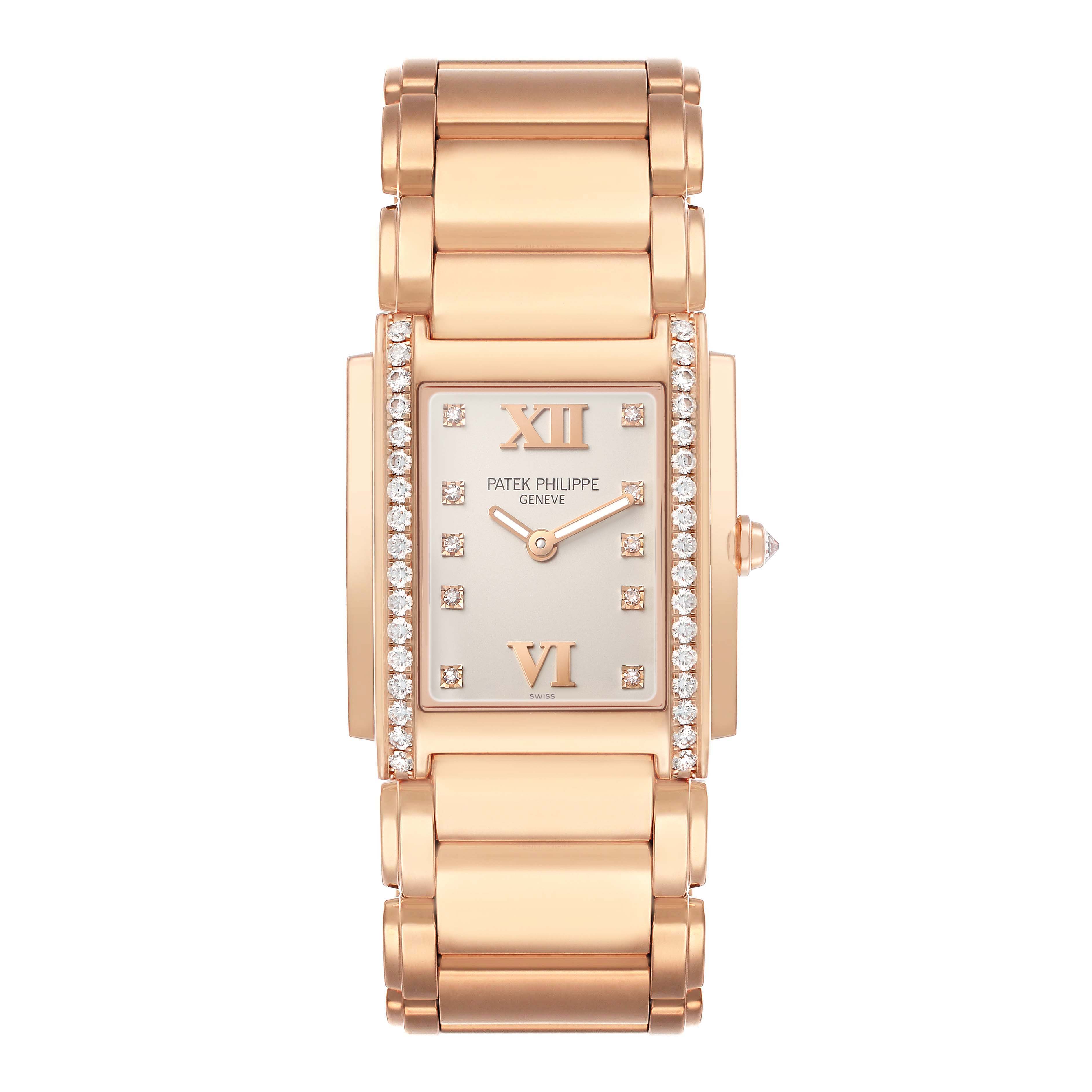 The Patek Philippe Twenty-4 4910/11R-011 Women's Rose Gold Silver Dial model is shown from a top view, highlighting the rectangular face, diamond markers, and bracelet links.