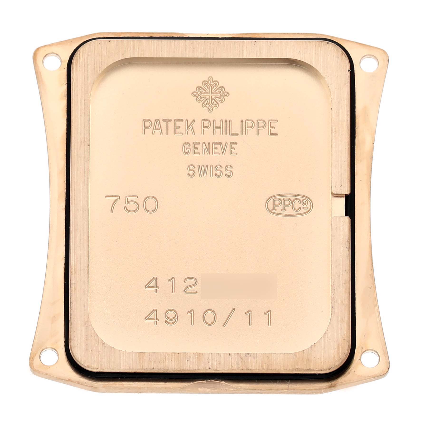 The image shows the case back of a Patek Philippe Twenty-4 4910/11R-011 Women's Rose Gold Silver Dial watch, featuring inscriptions and branding.