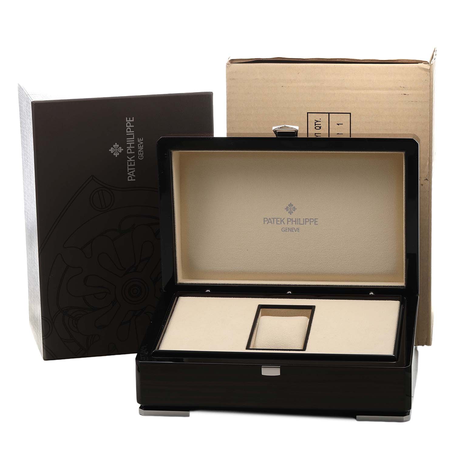 The image shows the opened box for a Patek Philippe Twenty-4 4910/11R-011 Women's Rose Gold Silver Dial watch, including its packaging materials.