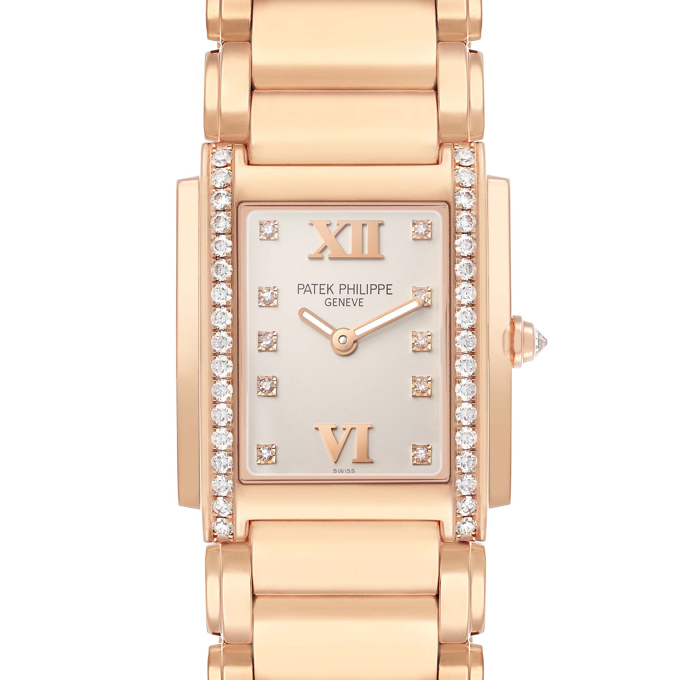 The Patek Philippe Twenty-4 4910/11R-011 Women's Rose Gold Silver Dial is shown from the front, highlighting its rectangular face, diamond accents, and gold bracelet.