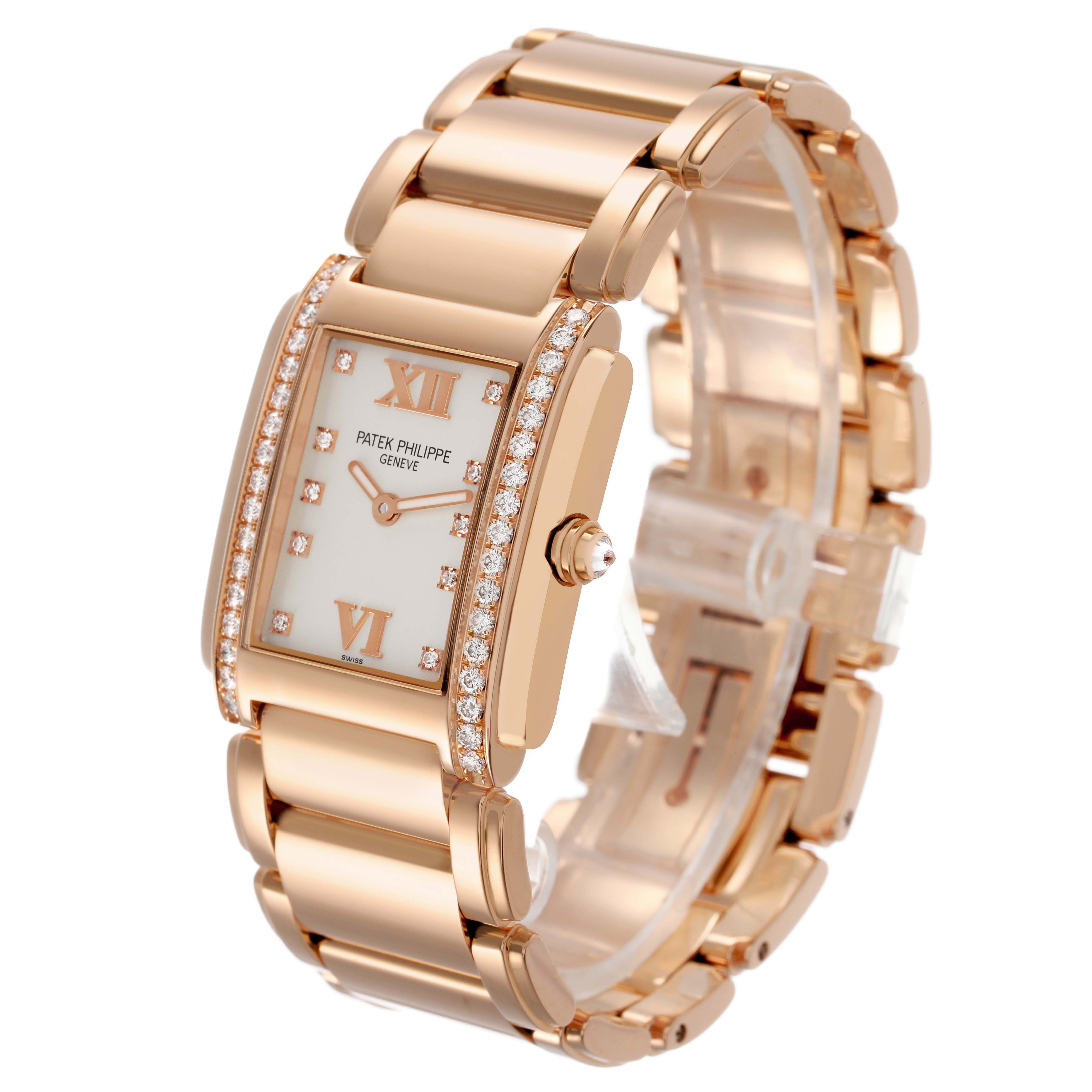 The Patek Philippe Twenty-4 4910/11R-011 Women's Rose Gold Silver Dial watch is shown at an angle highlighting the rectangular face, diamond accents, and bracelet.
