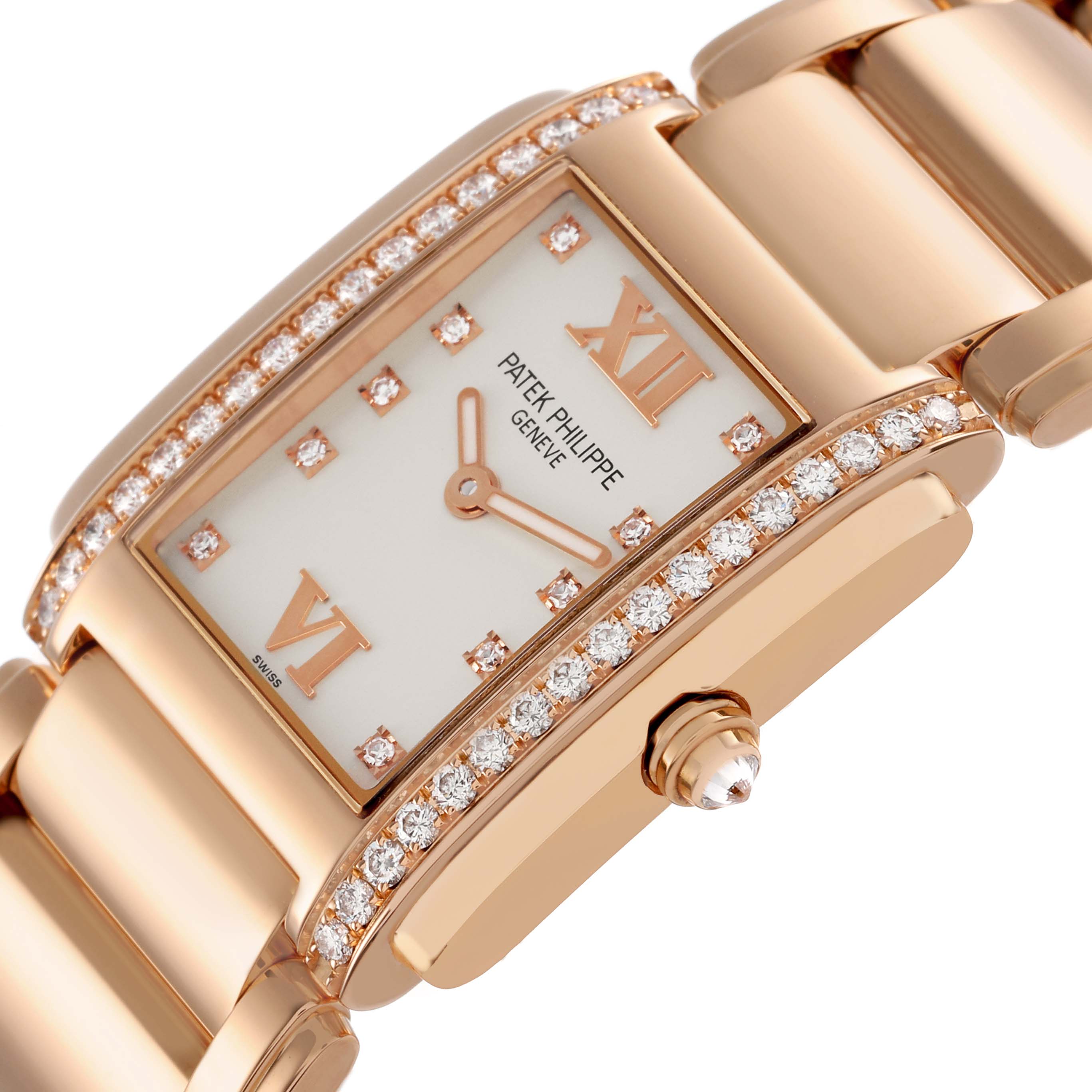 The image shows a close-up angled view of the Patek Philippe Twenty-4 4910/11R-011 Women's Rose Gold Silver Dial watch, highlighting its diamond-set bezel and crown.