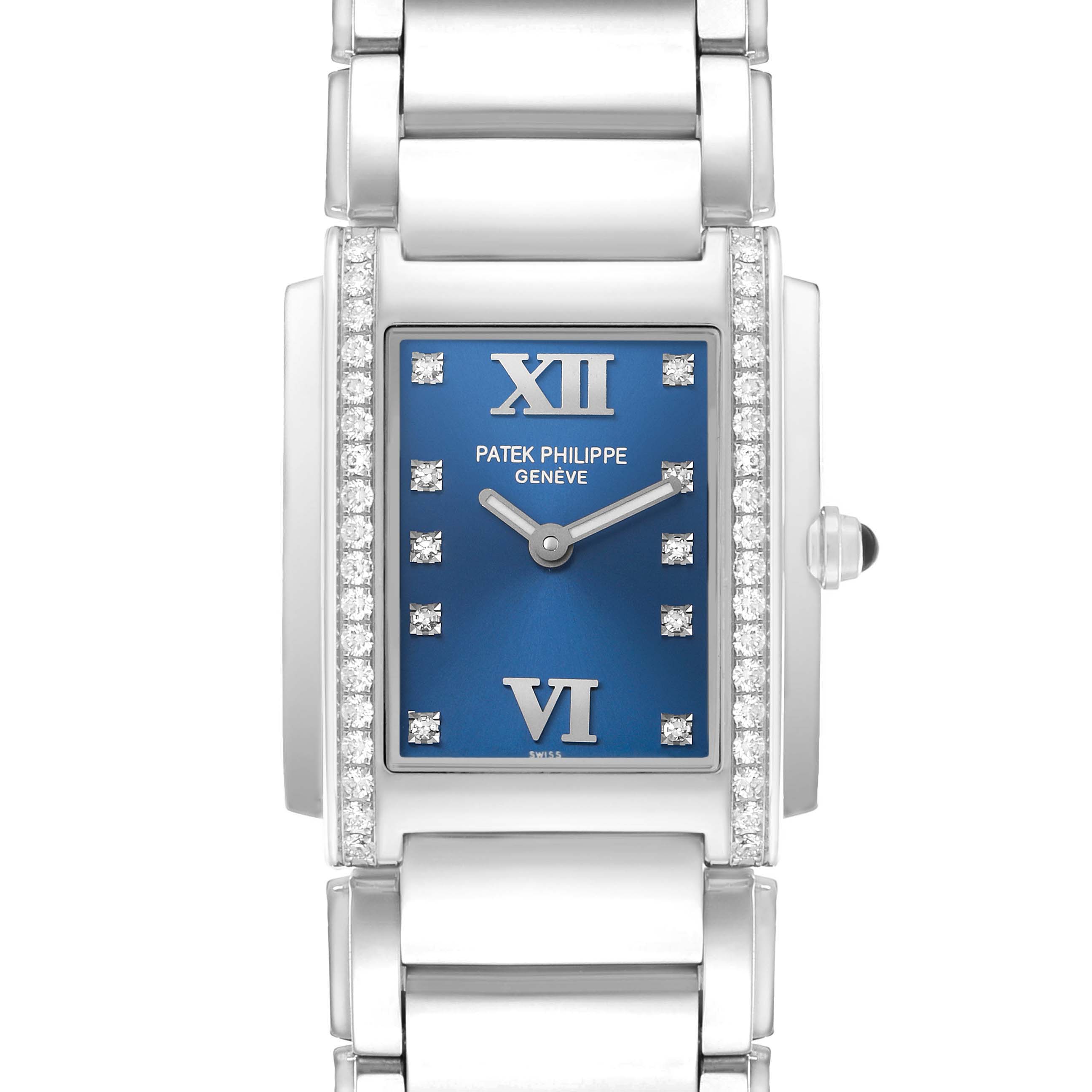 The Patek Philippe Twenty-4 4910/10A-012 Women's Stainless Steel Blue Dial watch is shown from a front angle, displaying its blue dial, diamond markers, and metal bracelet.