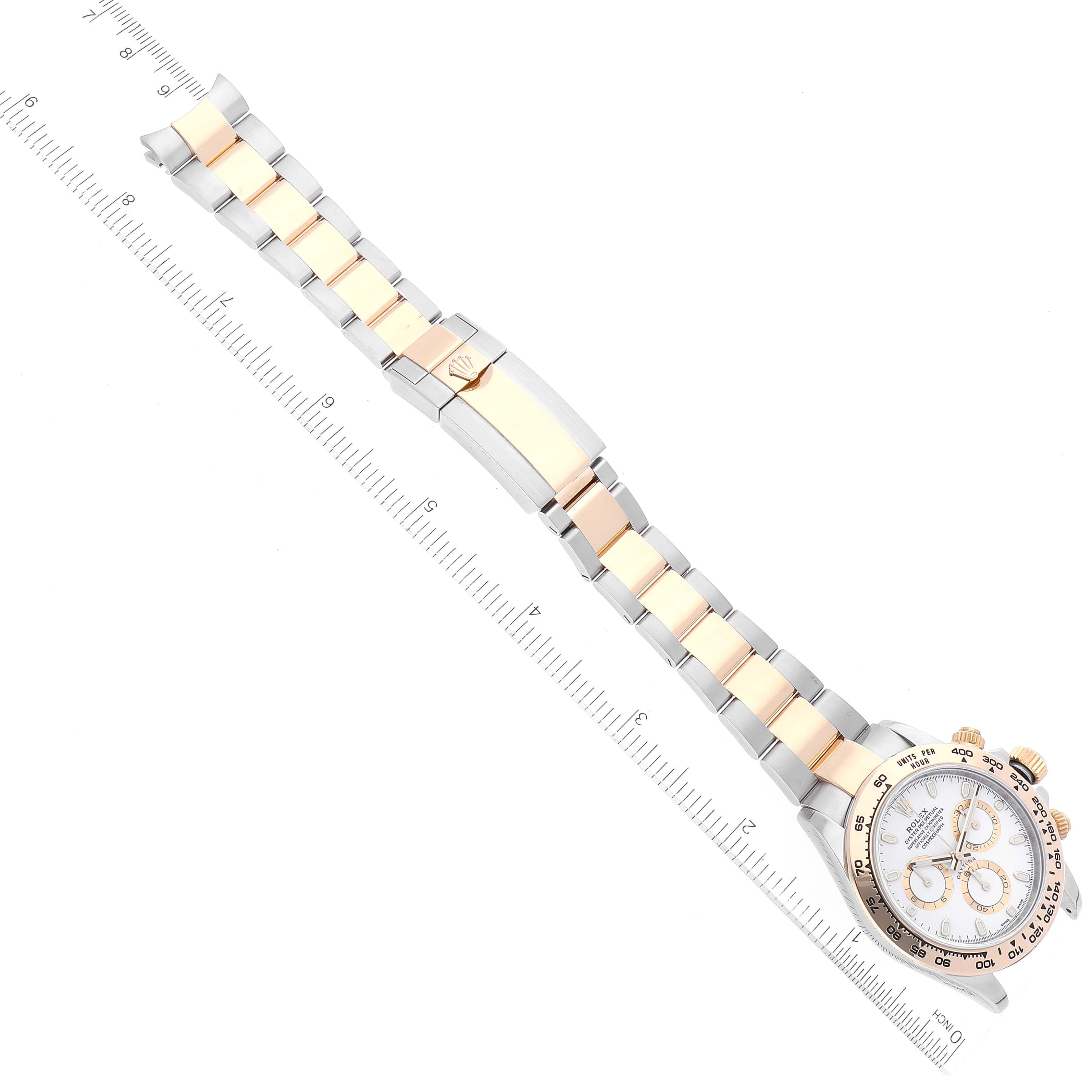 This image shows the Rolex Daytona 116503 Men's Steel and Gold (two tone) White Dial 116503 Men's Steel and Gold (two tone) White Dial watch laid flat with its face, bezel, and full bracelet visible.