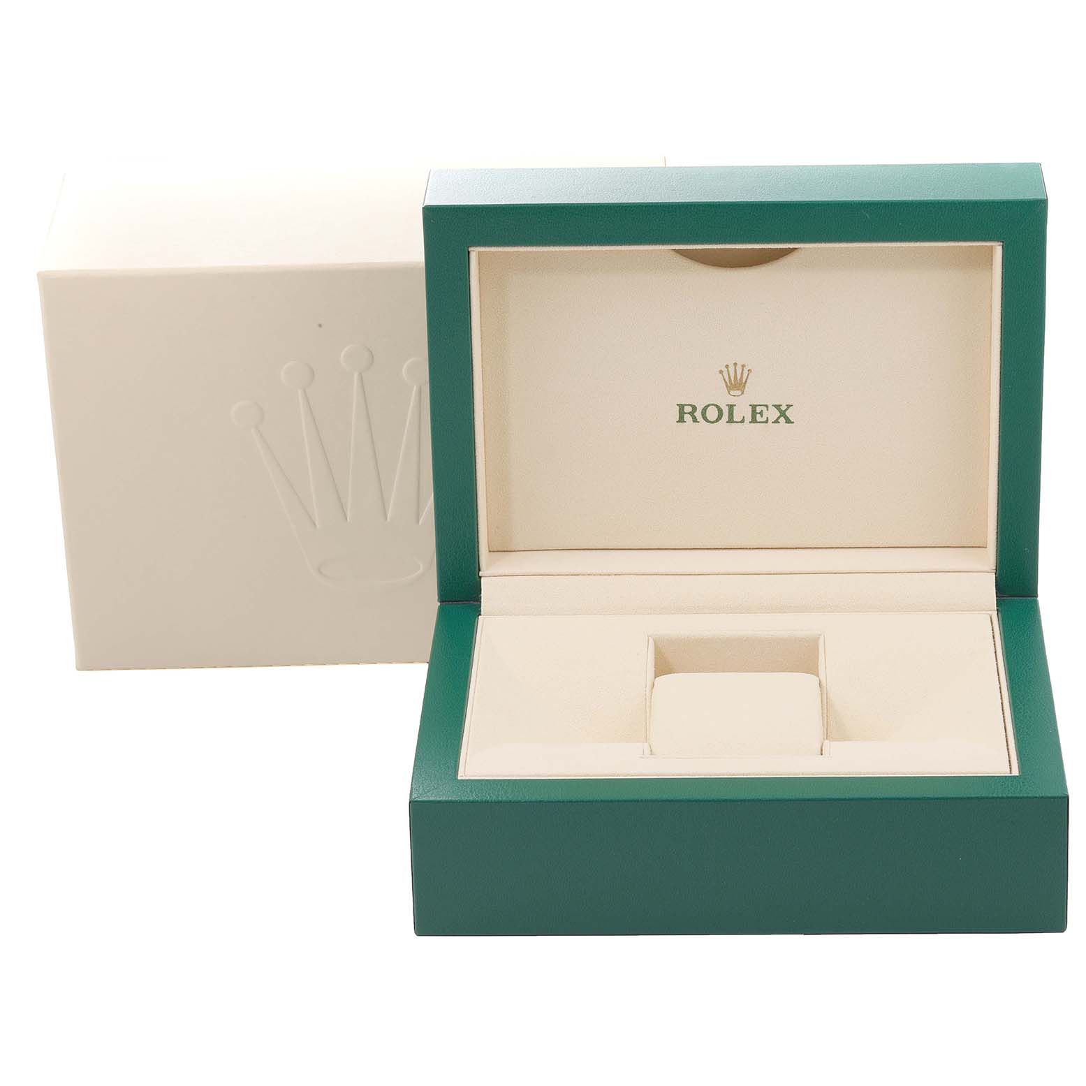 The image shows an open Rolex Daytona 116503 Men's Steel and Gold (two tone) White Dial 116503 Men's Steel and Gold (two tone) White Dial watch box, with an outer cream-colored box and an inner green box with the Rolex logo.
