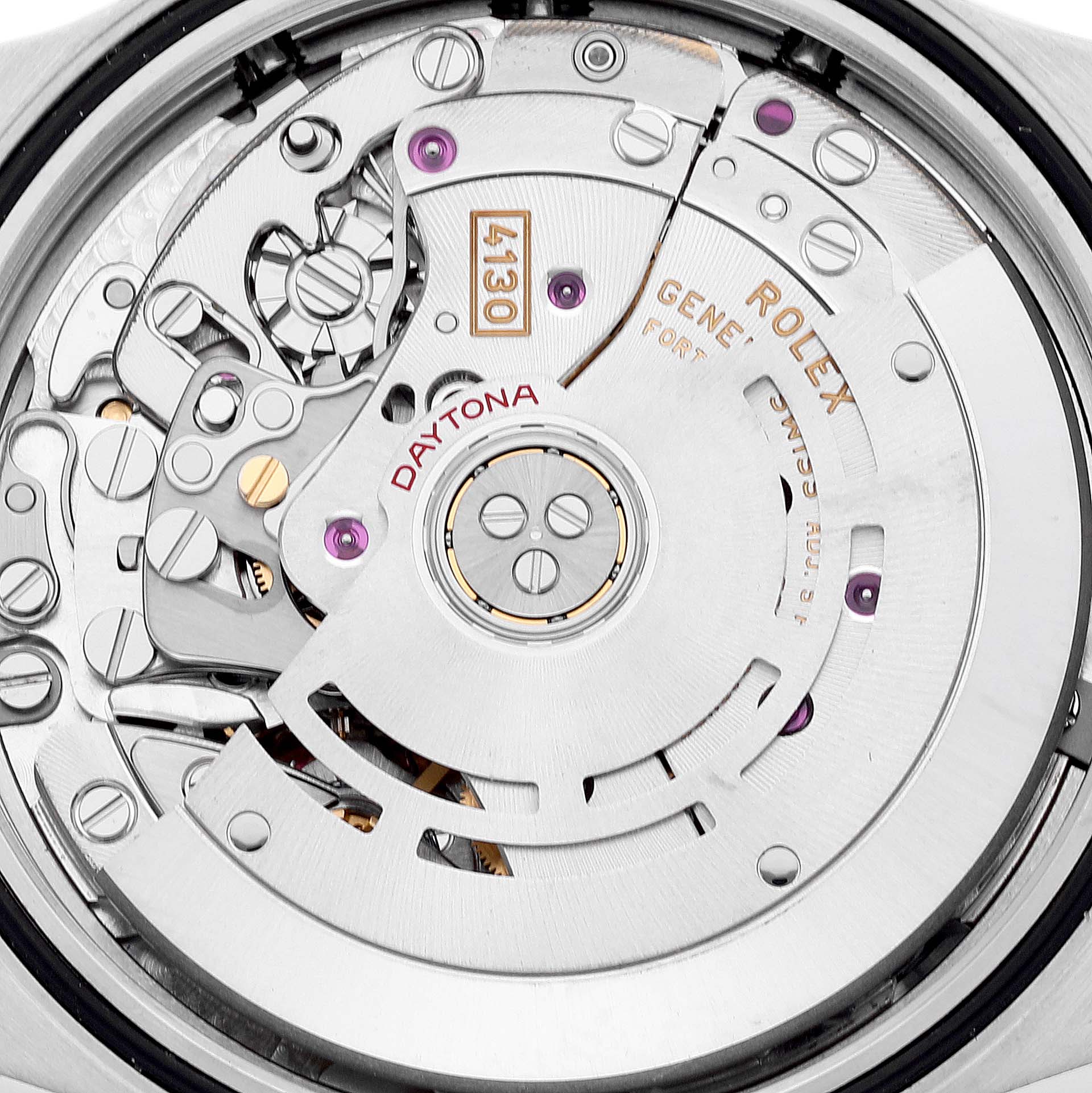 This image shows a close-up view of the internal movement mechanism of a Rolex Daytona 116503 Men's Steel and Gold (two tone) White Dial 116503 Men's Steel and Gold (two tone) White Dial watch.