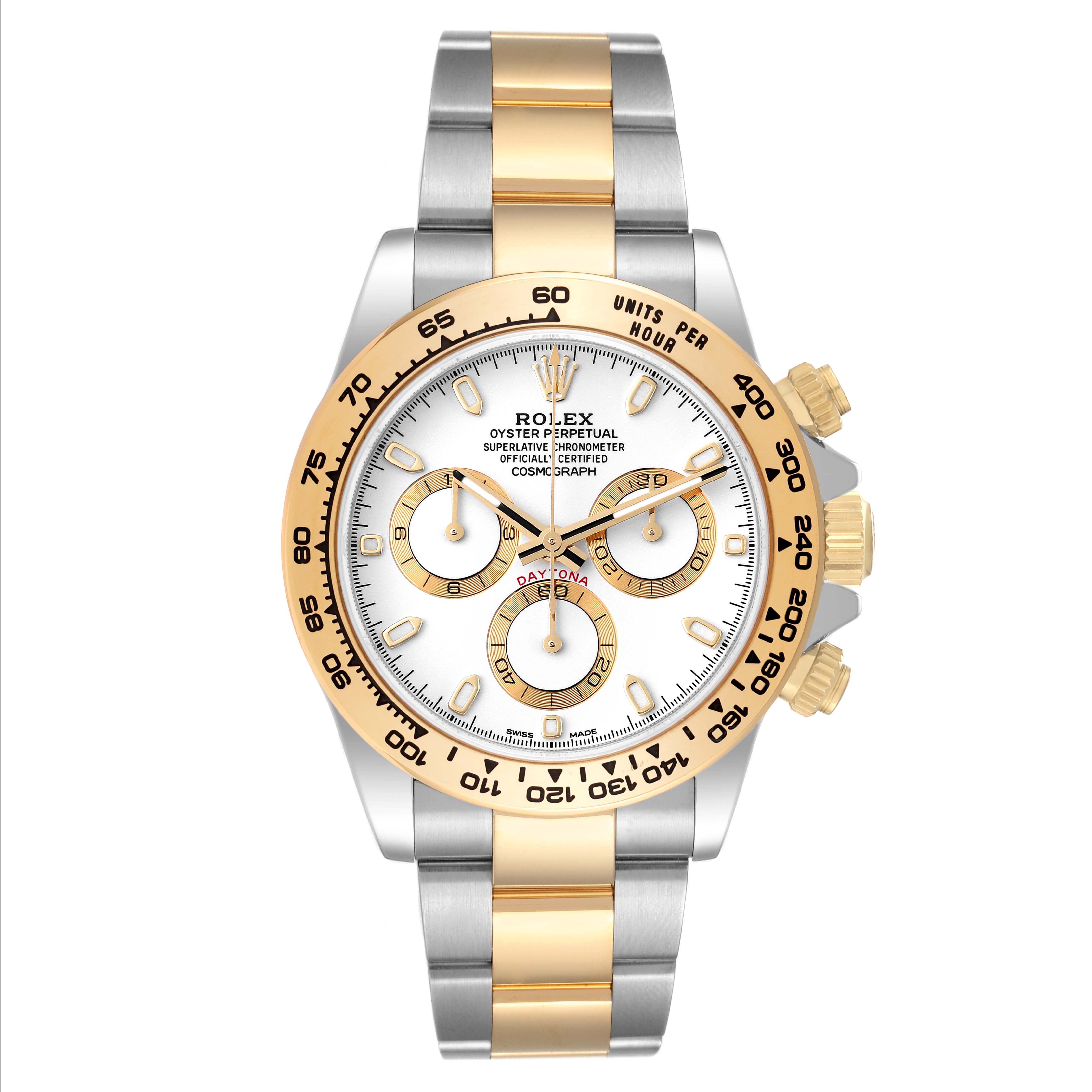 The Rolex Daytona 116503 Men's Steel and Gold (two tone) White Dial 116503 Men's Steel and Gold (two tone) White Dial watch is shown from a directly frontal angle, displaying its dial, bezel, and bracelet.