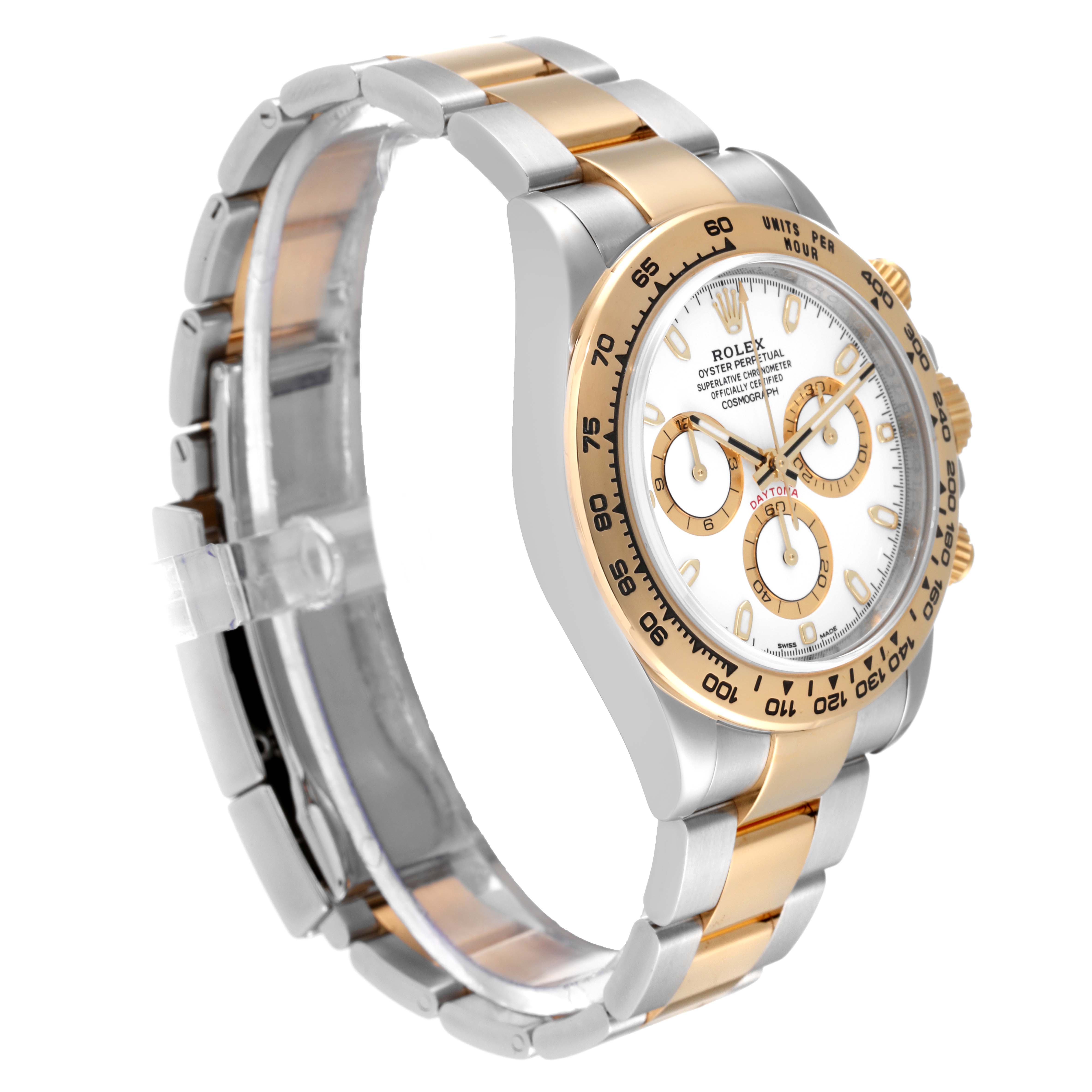 The image shows a Rolex Daytona 116503 Men's Steel and Gold (two tone) White Dial 116503 Men's Steel and Gold (two tone) White Dial watch at a slight side angle, highlighting the case, bezel, dial, and band.
