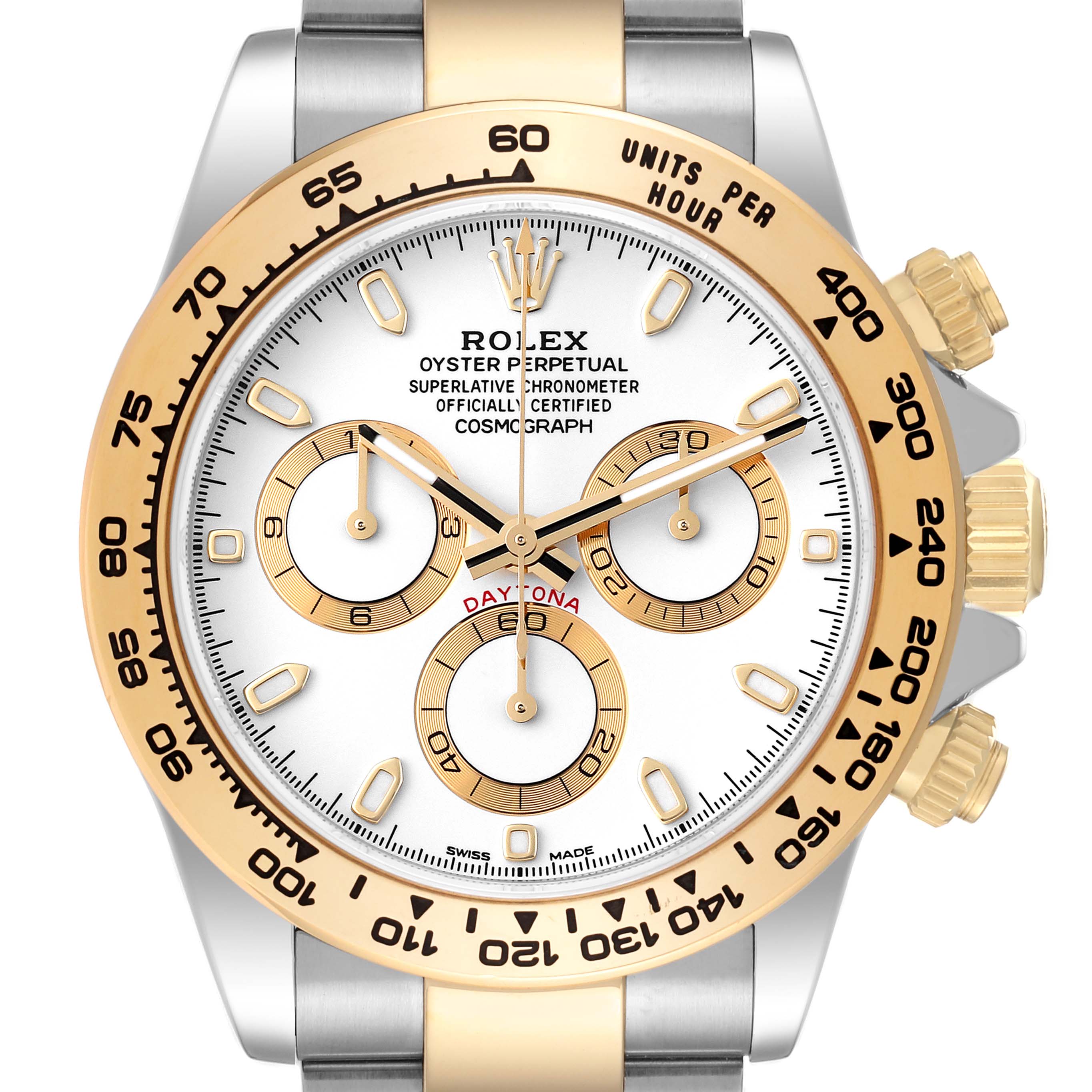 The image shows a frontal view of the Rolex Daytona 116503 Men's Steel and Gold (two tone) White Dial 116503 Men's Steel and Gold (two tone) White Dial watch, highlighting its dial, bezel, and chronograph subdials.