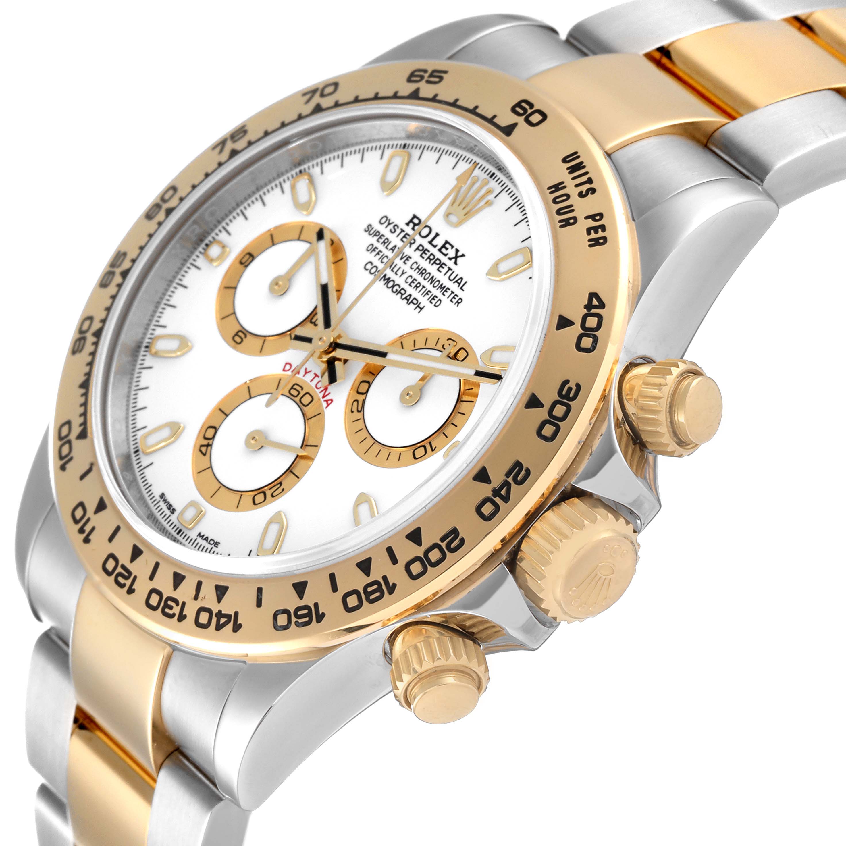 The image shows a close-up angled view of the Rolex Daytona 116503 Men's Steel and Gold (two tone) White Dial 116503 Men's Steel and Gold (two tone) White Dial watch, highlighting the bezel, dial, and pushers.