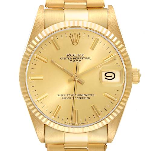 Photo of Rolex Date 18k Yellow Gold White Roman Dial Vintage Mens Watch 15038