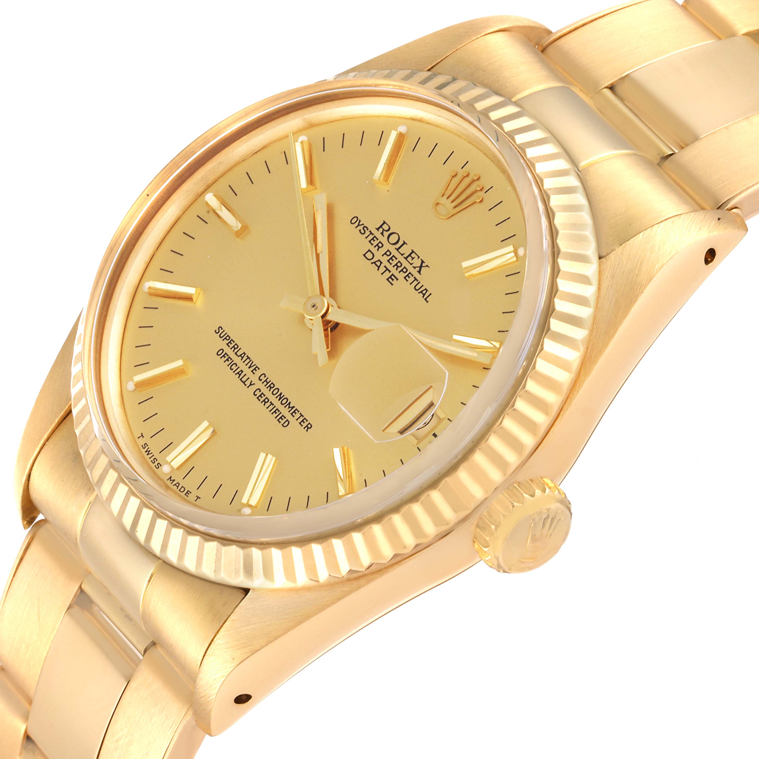 The image shows a close-up of the Rolex Oyster Perpetual Date watch from an angled side view, highlighting the dial, case, bezel, and part of the bracelet.