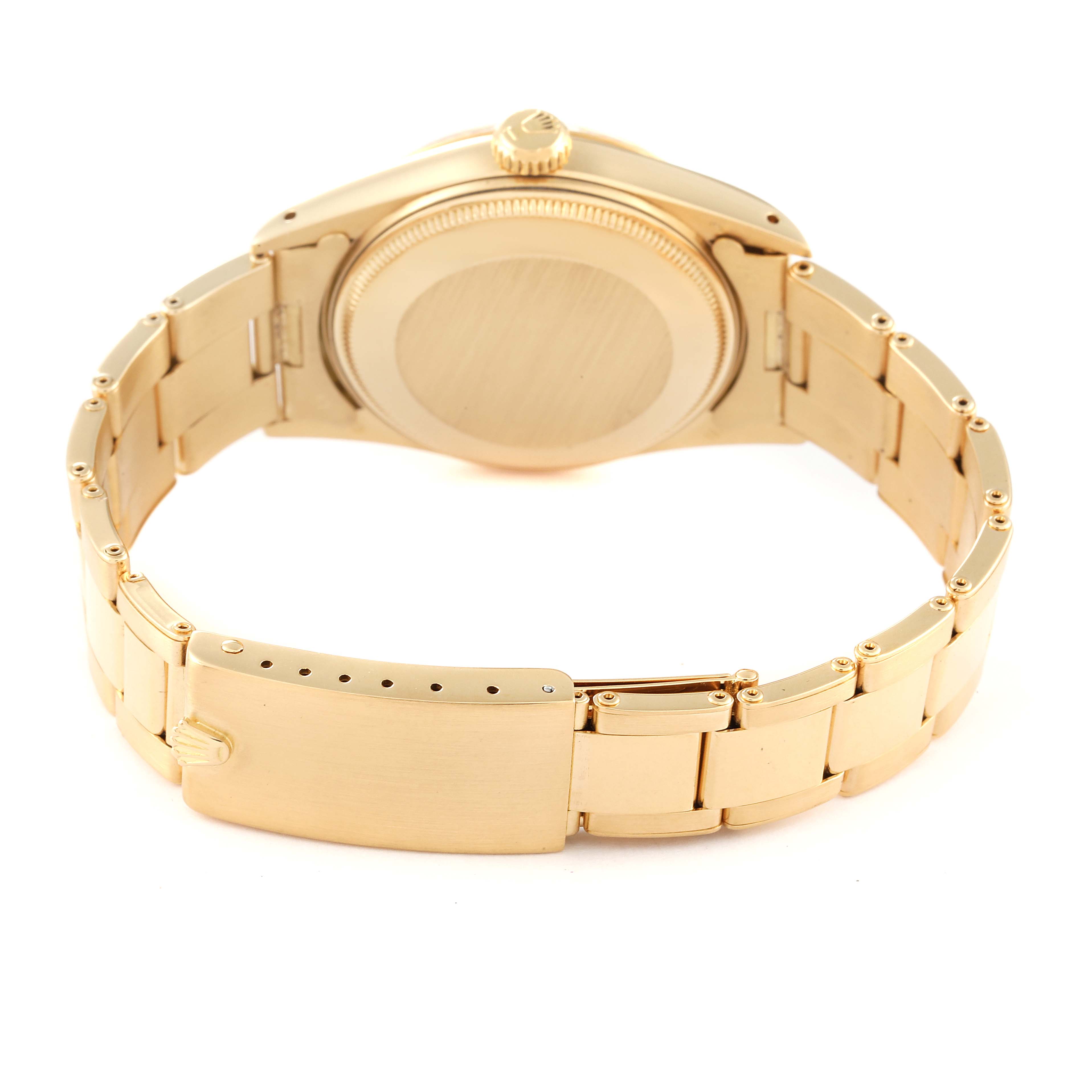 The image shows the backside and bracelet of a Rolex Date 15038 Men's Yellow Gold Champagne Dial 15038 Men's Yellow Gold Champagne Dial model watch, including the clasp and caseback.