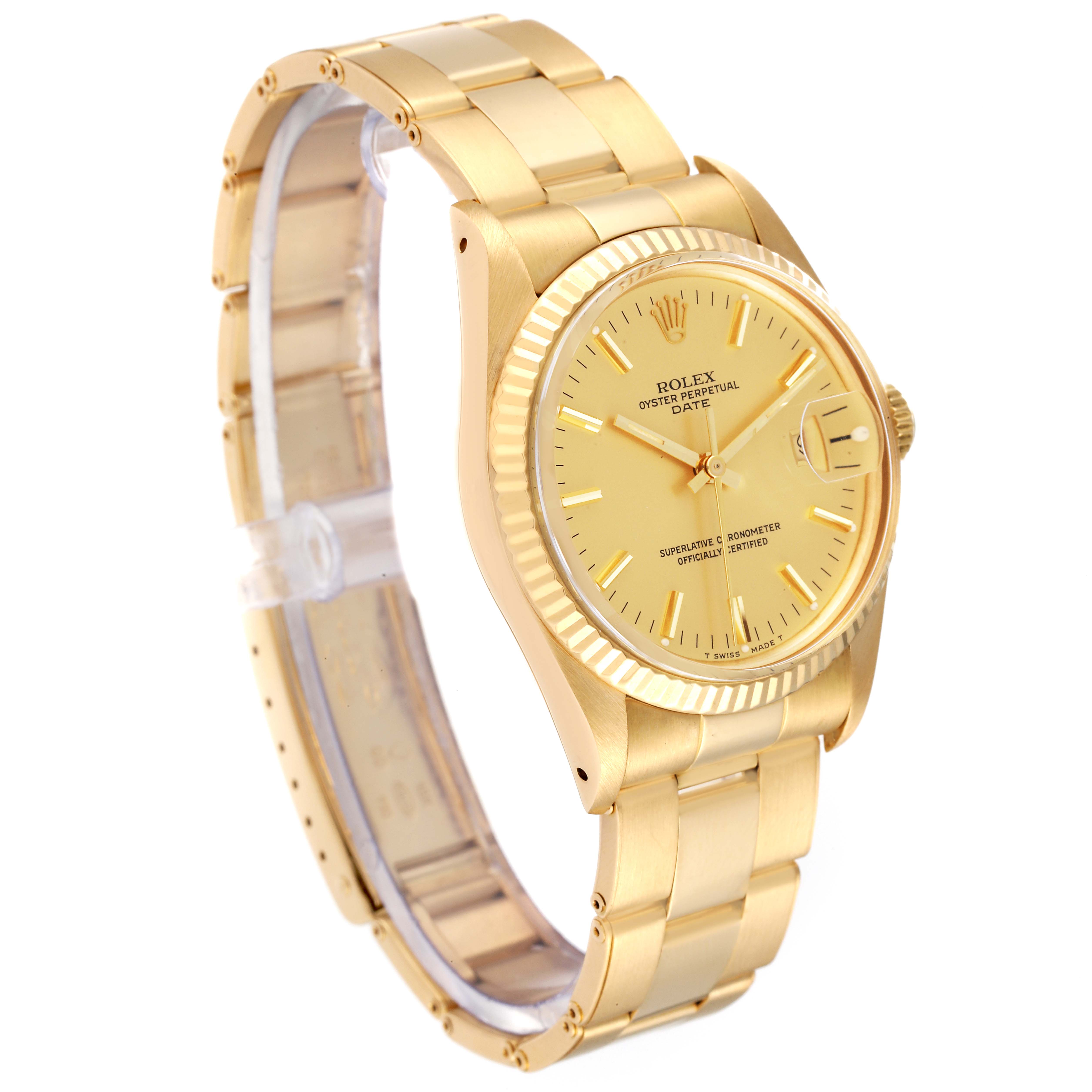 This Rolex Date 15038 Men's Yellow Gold Champagne Dial 15038 Men's Yellow Gold Champagne Dial model watch is shown at a three-quarter angle, featuring the face, bezel, and bracelet.