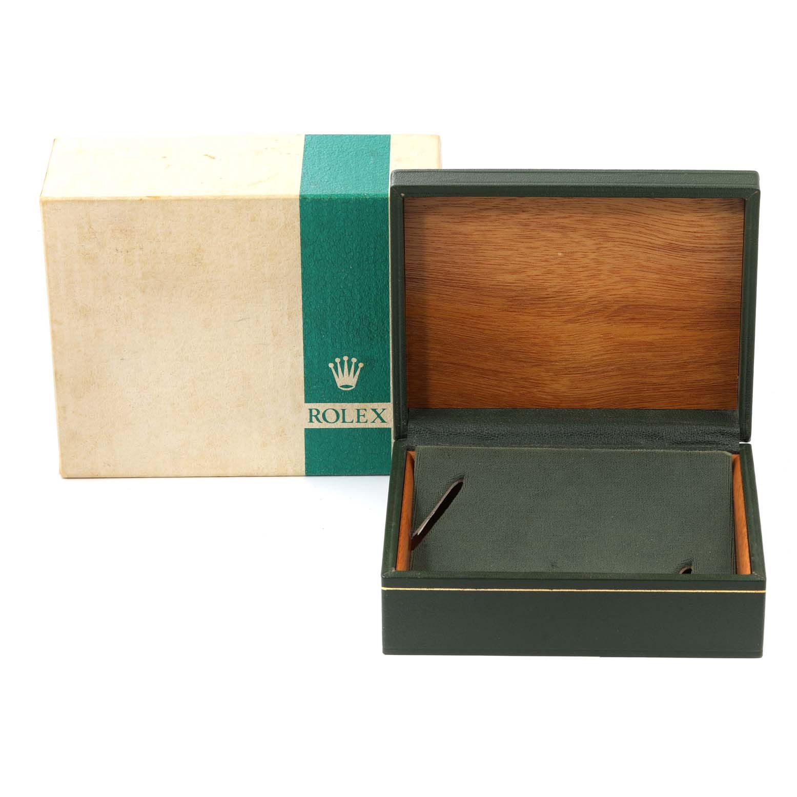 The image shows an open Rolex Date 15038 Men's Yellow Gold Champagne Dial 15038 Men's Yellow Gold Champagne Dial model watch box with a green and wood interior, alongside its outer packaging.