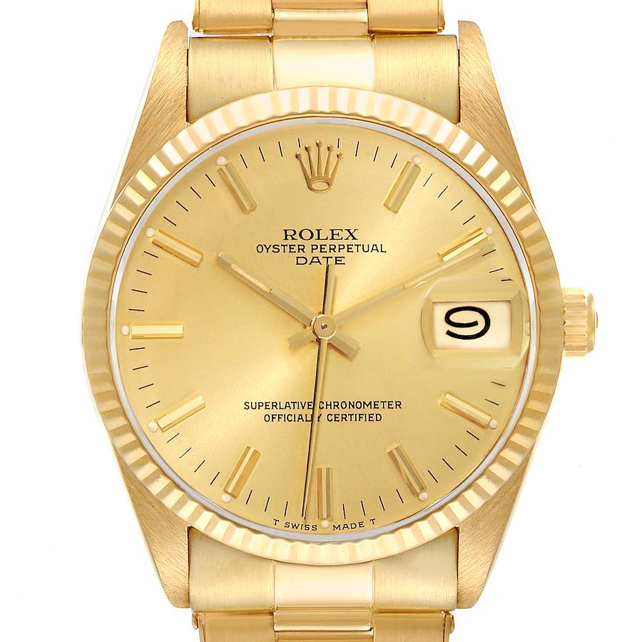 Rolex Date 18k Yellow Gold White Roman Dial Vintage Mens Watch 15038 SwissWatchExpo